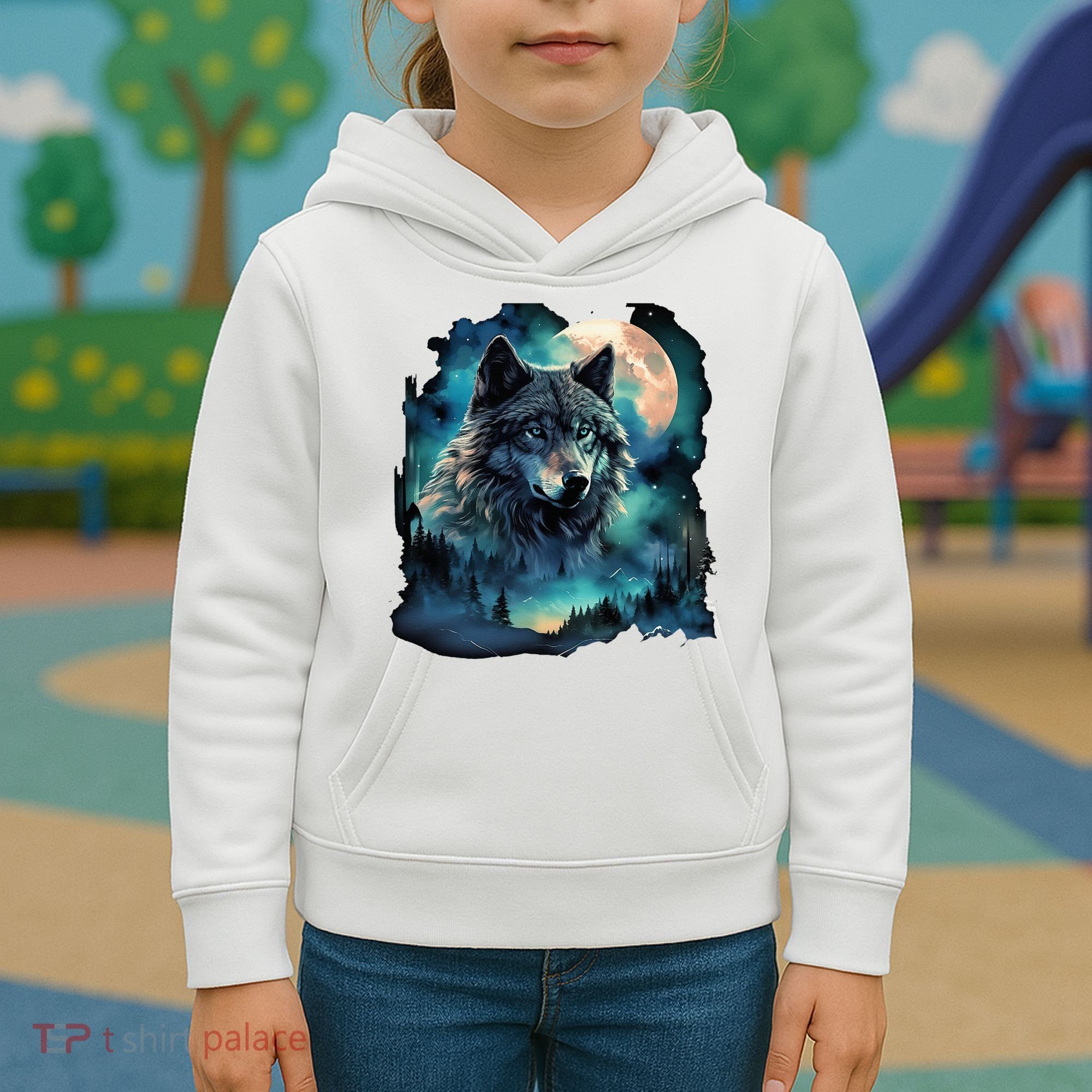 Grey Wolf Hunting Grounds Icy Moon Forest Galaxy Kids Hoodie