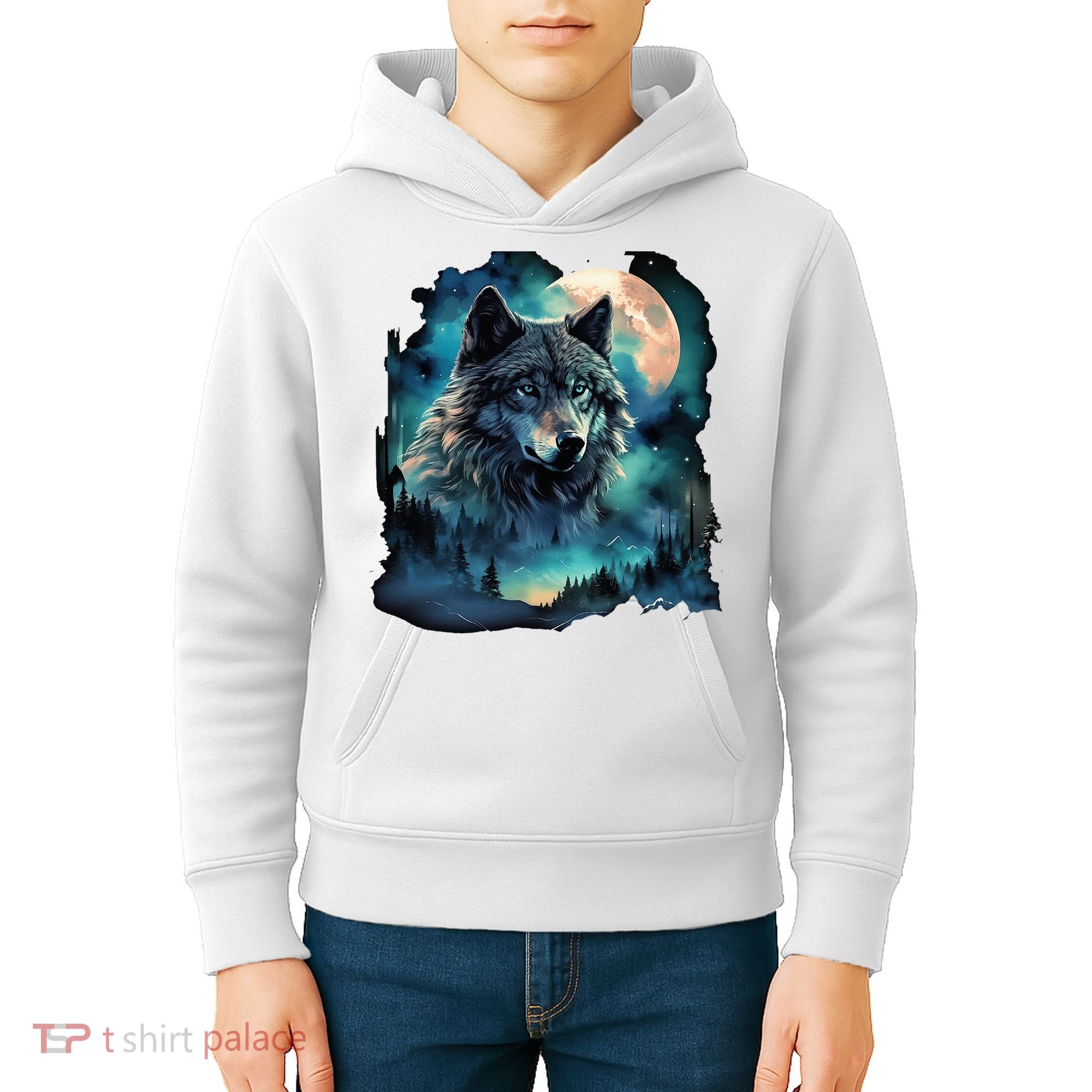 Grey Wolf Hunting Grounds Icy Moon Forest Galaxy Kids Hoodie
