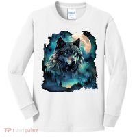 Grey Wolf Hunting Grounds Icy Moon Forest Galaxy Kids Long Sleeve Shirt thumb 0