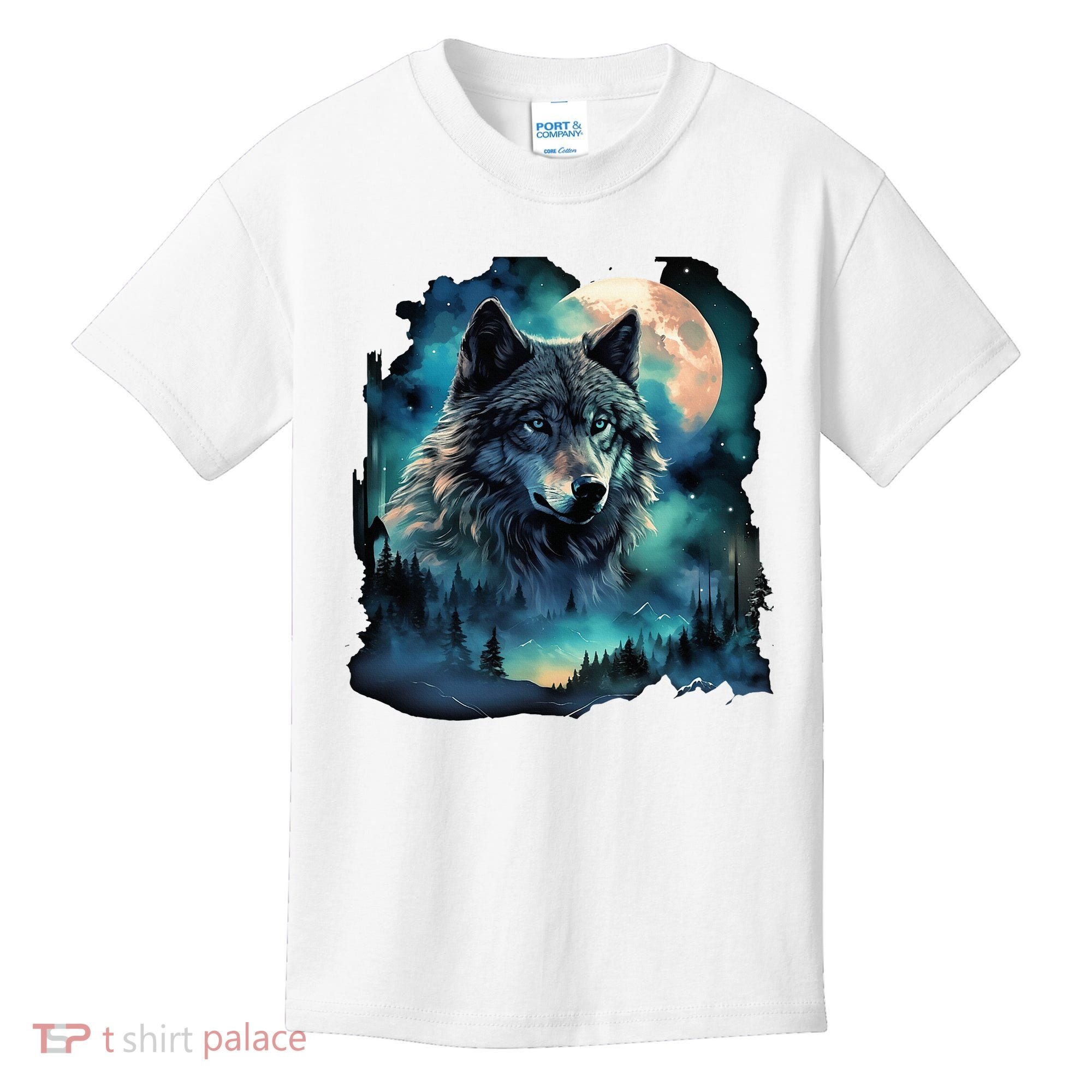 Grey Wolf Hunting Grounds Icy Moon Forest Galaxy Kids T-Shirt
