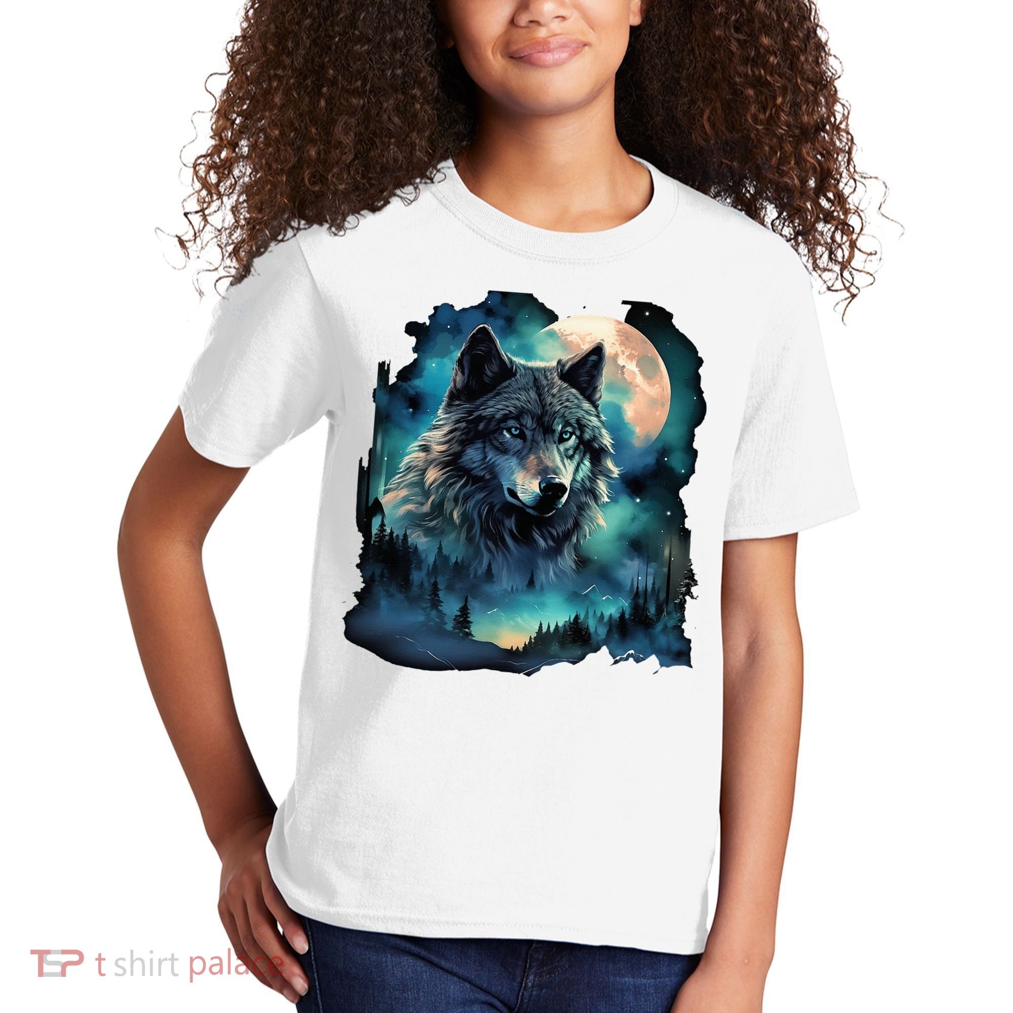 Grey Wolf Hunting Grounds Icy Moon Forest Galaxy Kids T-Shirt