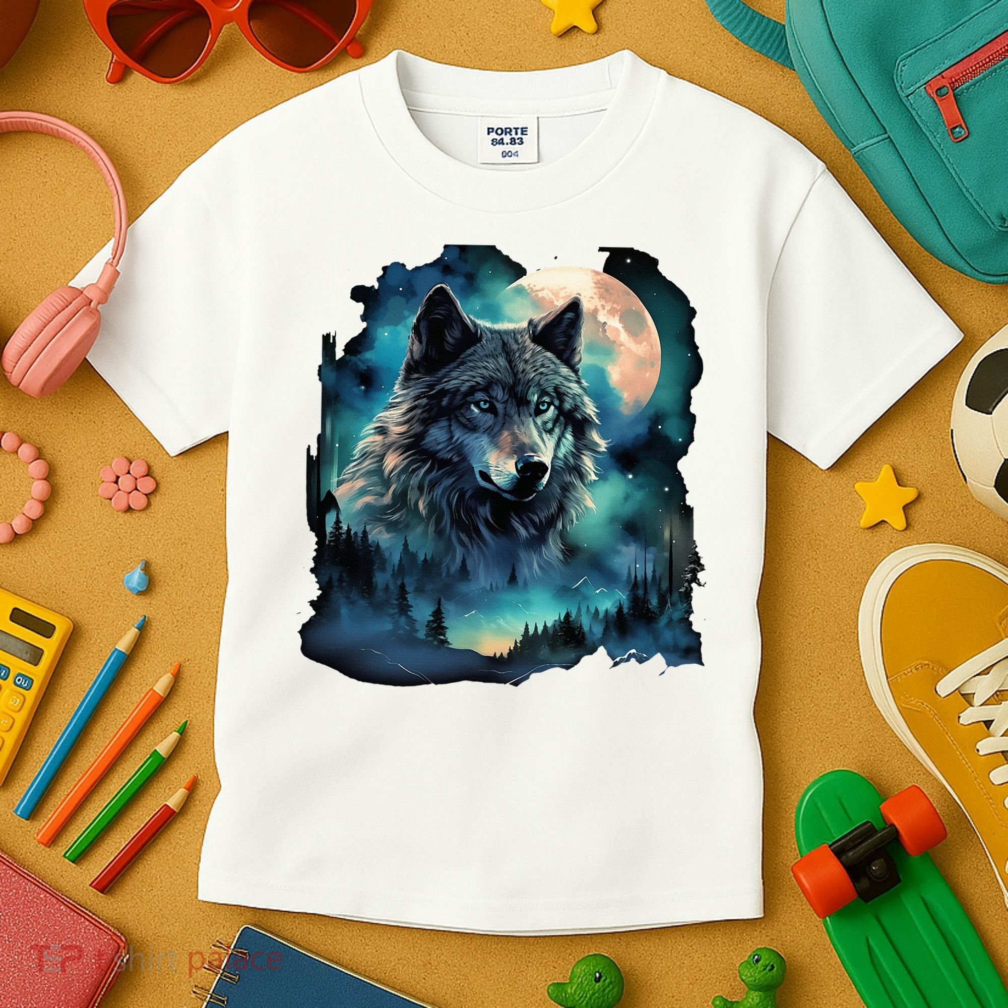 Grey Wolf Hunting Grounds Icy Moon Forest Galaxy Kids T-Shirt