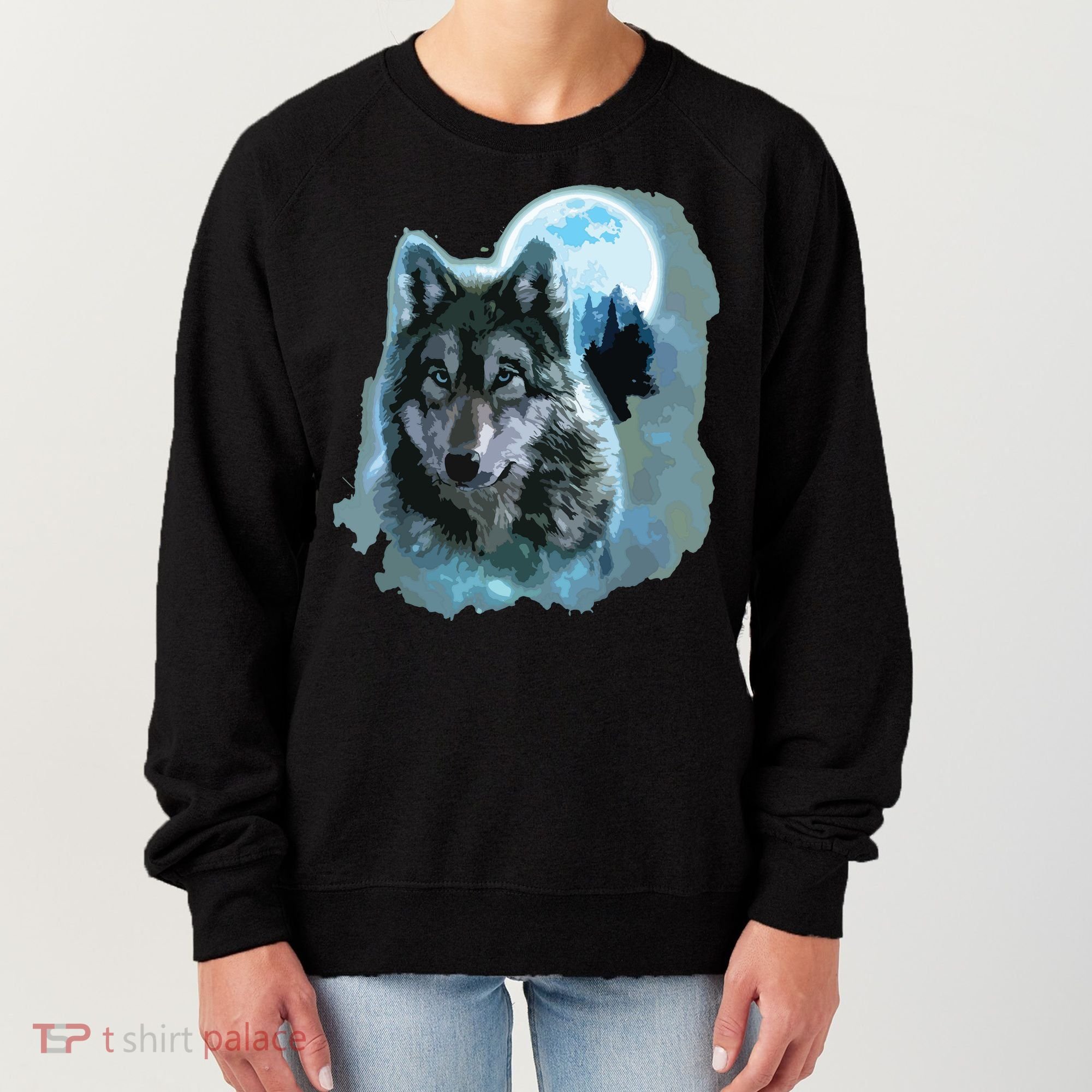 Grey Wolf Hunting Ground, Icy Moon, Forest, Galaxy Women's Sweatshirt
