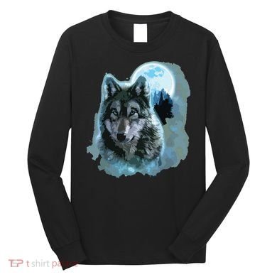 Grey Wolf Hunting Ground, Icy Moon, Forest, Galaxy Long Sleeve Shirt