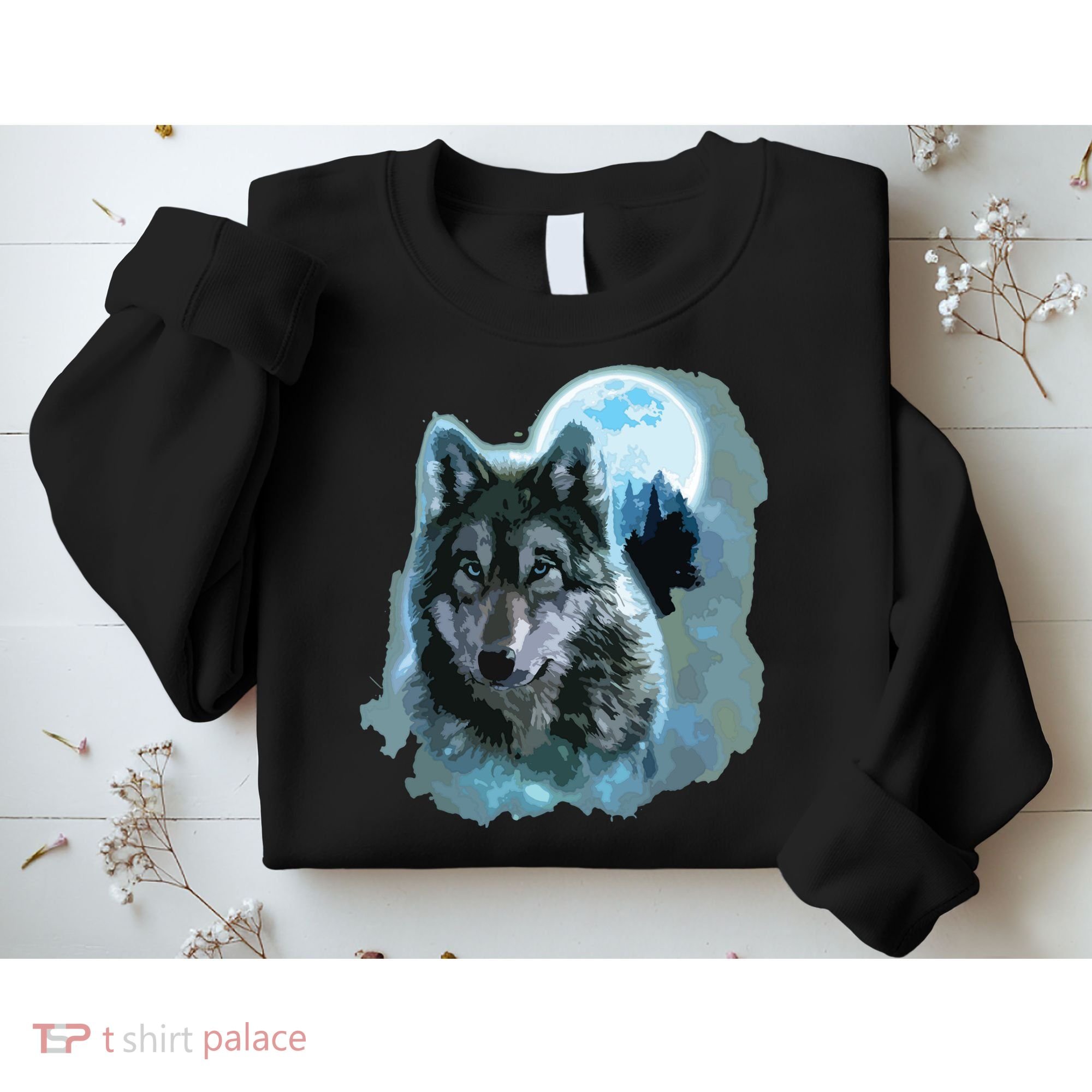 Grey Wolf Hunting Ground, Icy Moon, Forest, Galaxy Sweatshirt