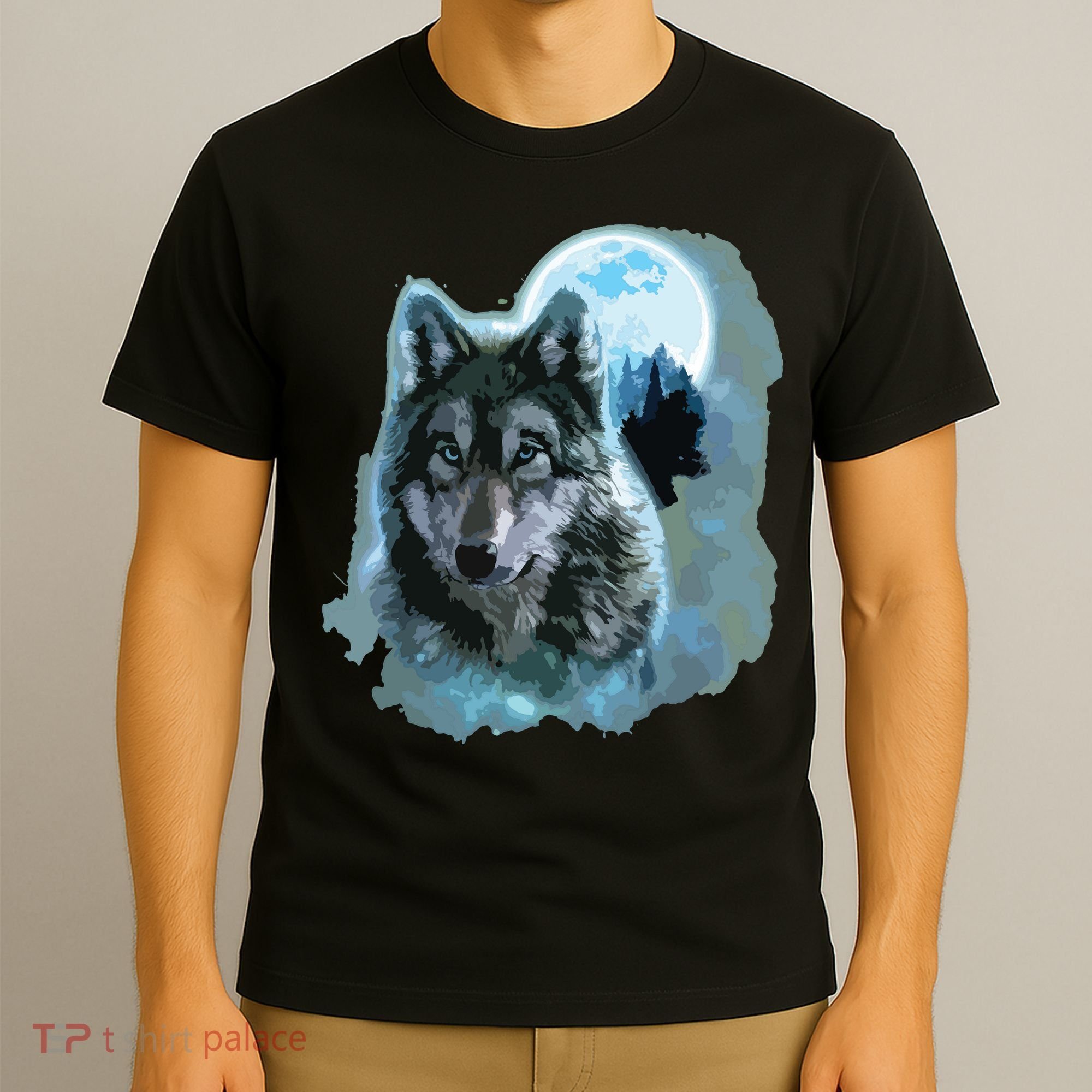 Grey Wolf Hunting Ground, Icy Moon, Forest, Galaxy T-Shirt