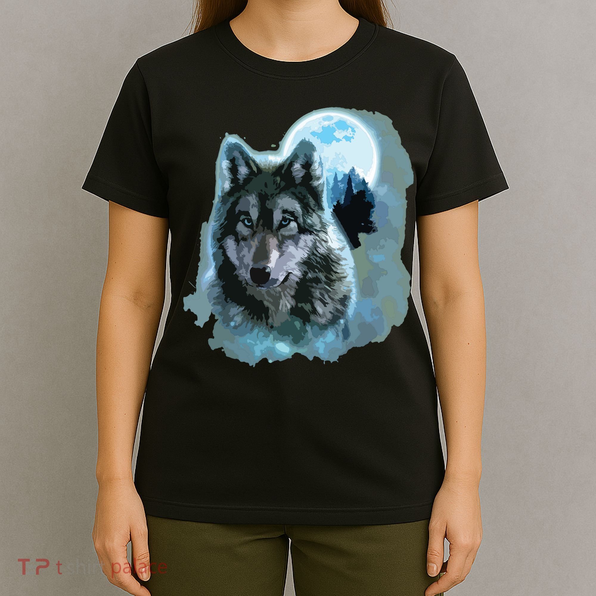 Grey Wolf Hunting Ground, Icy Moon, Forest, Galaxy T-Shirt