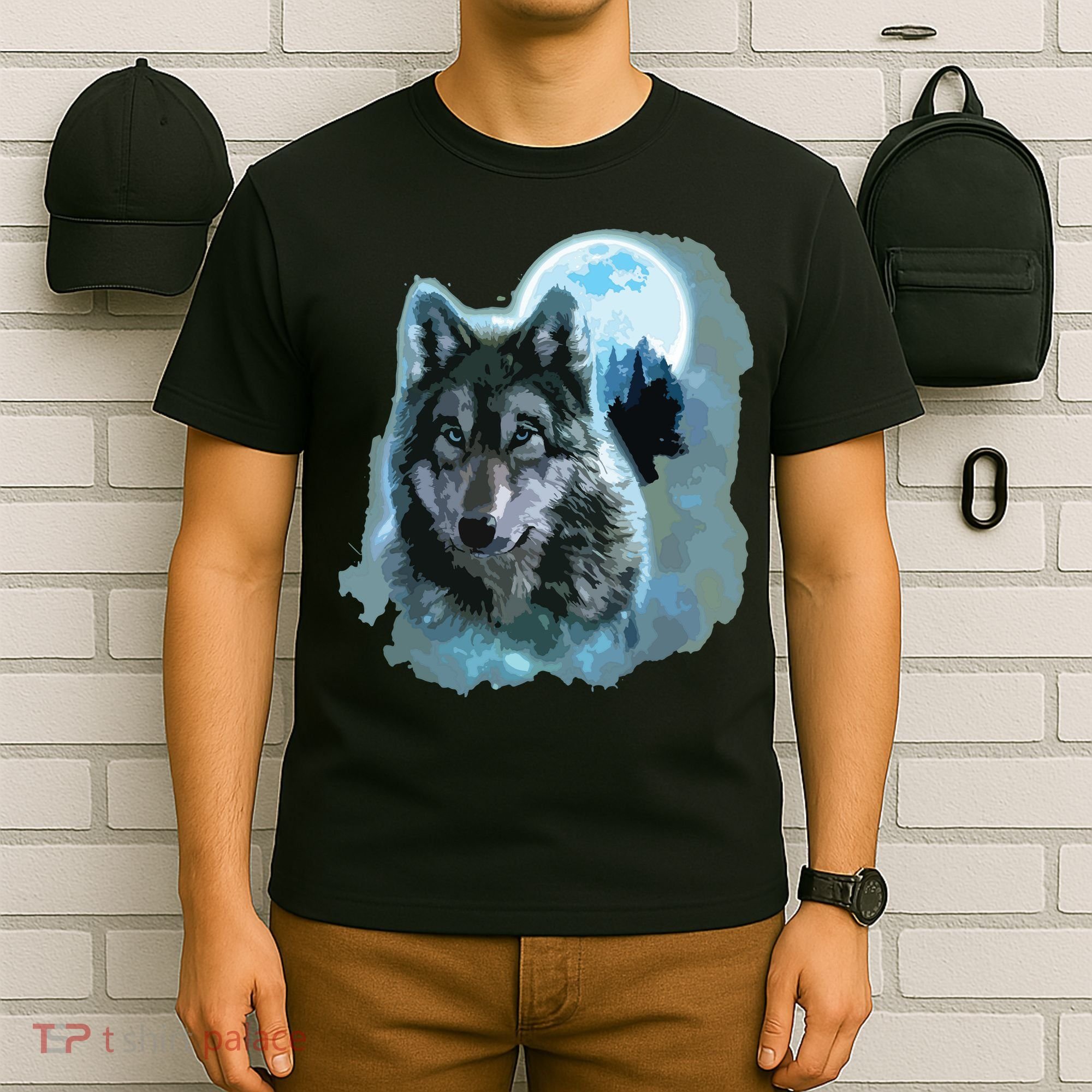 Grey Wolf Hunting Ground, Icy Moon, Forest, Galaxy T-Shirt