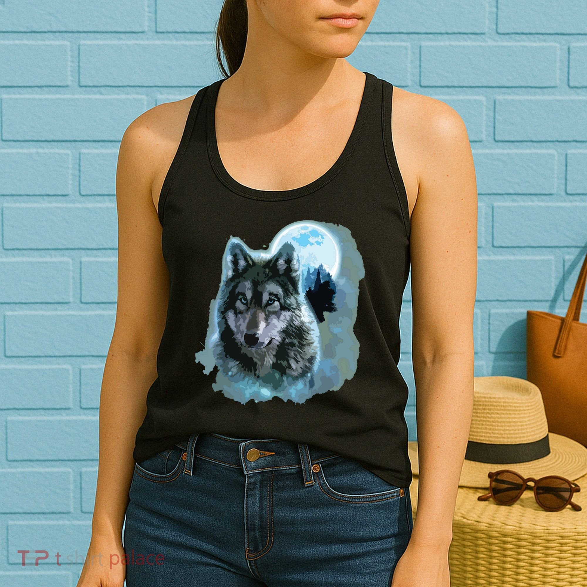 Grey Wolf Hunting Ground, Icy Moon, Forest, Galaxy Women's Tank Top