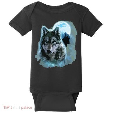 Grey Wolf Hunting Ground, Icy Moon, Forest, Galaxy Baby Bodysuit