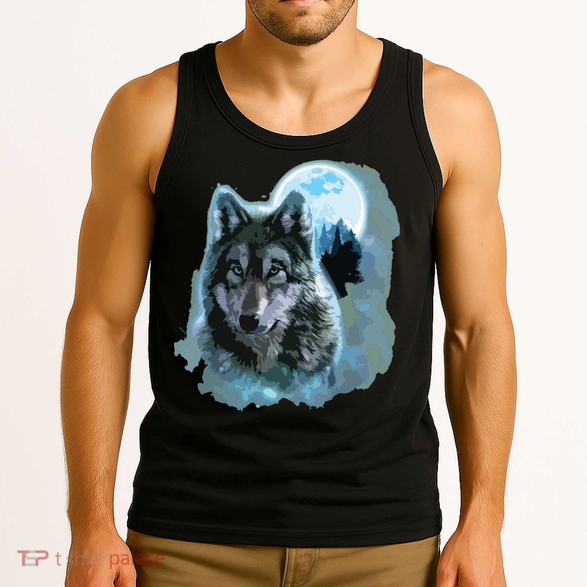 Grey Wolf Hunting Ground, Icy Moon, Forest, Galaxy Tank Top