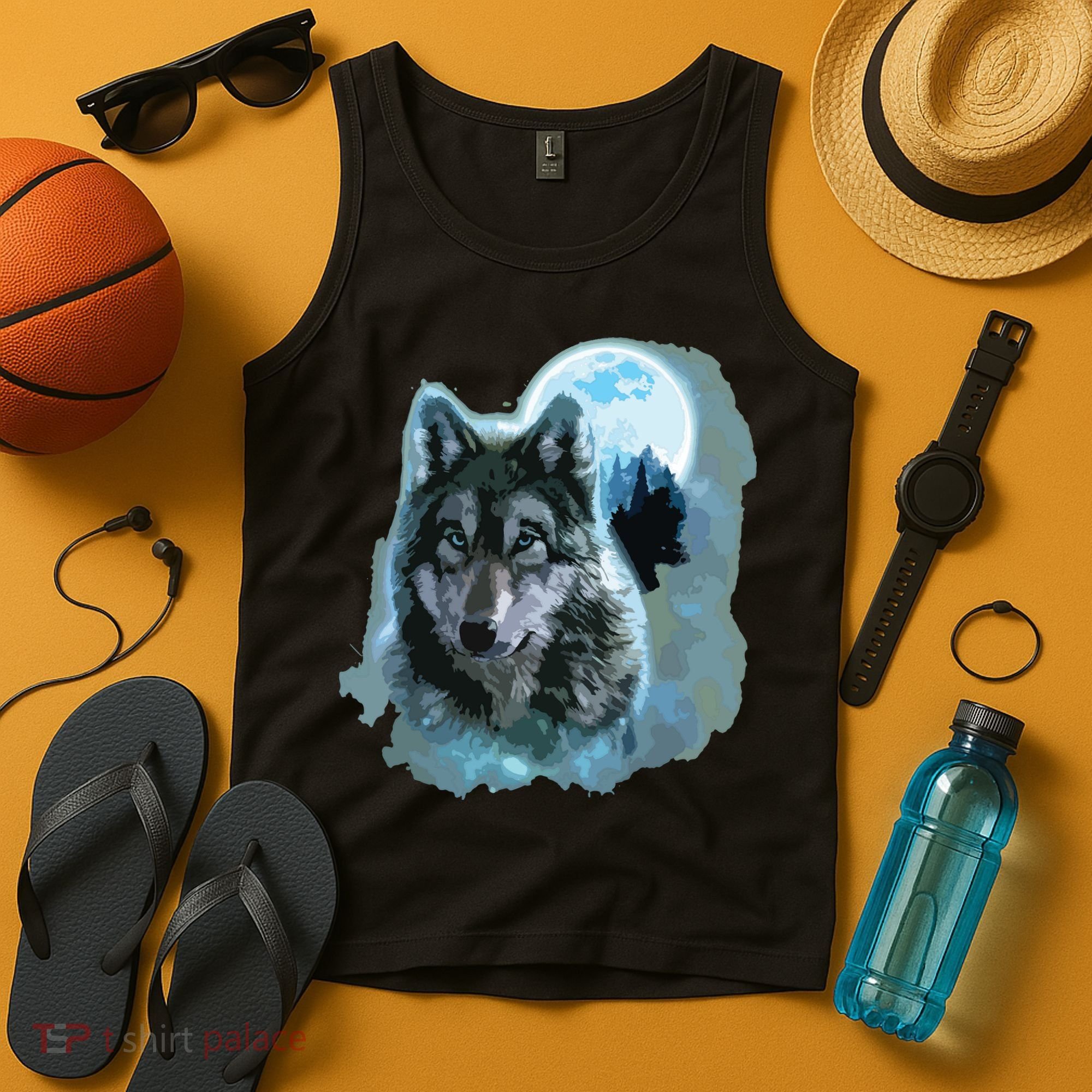 Grey Wolf Hunting Ground, Icy Moon, Forest, Galaxy Tank Top