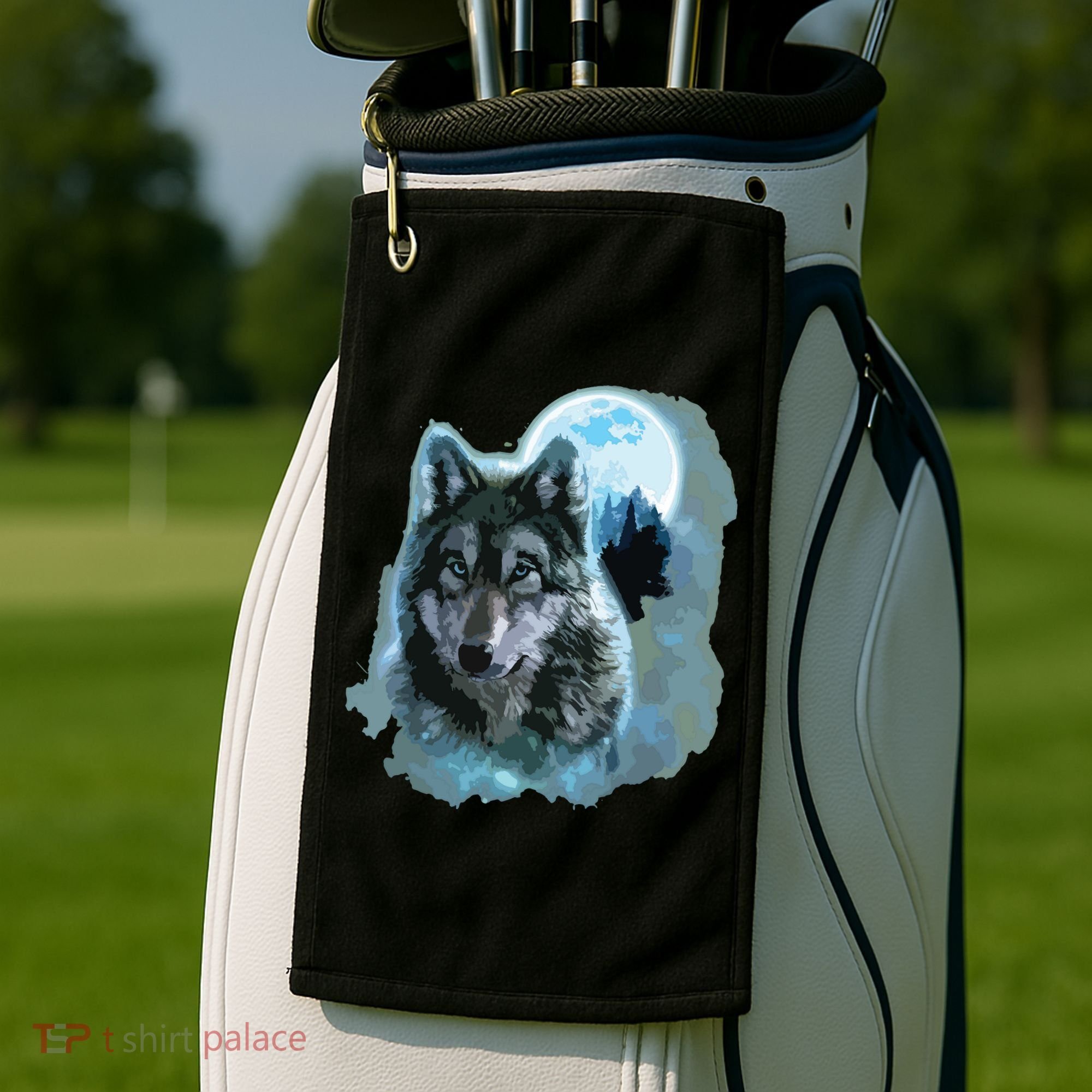 Grey Wolf Hunting Ground, Icy Moon, Forest, Galaxy Golf Towel