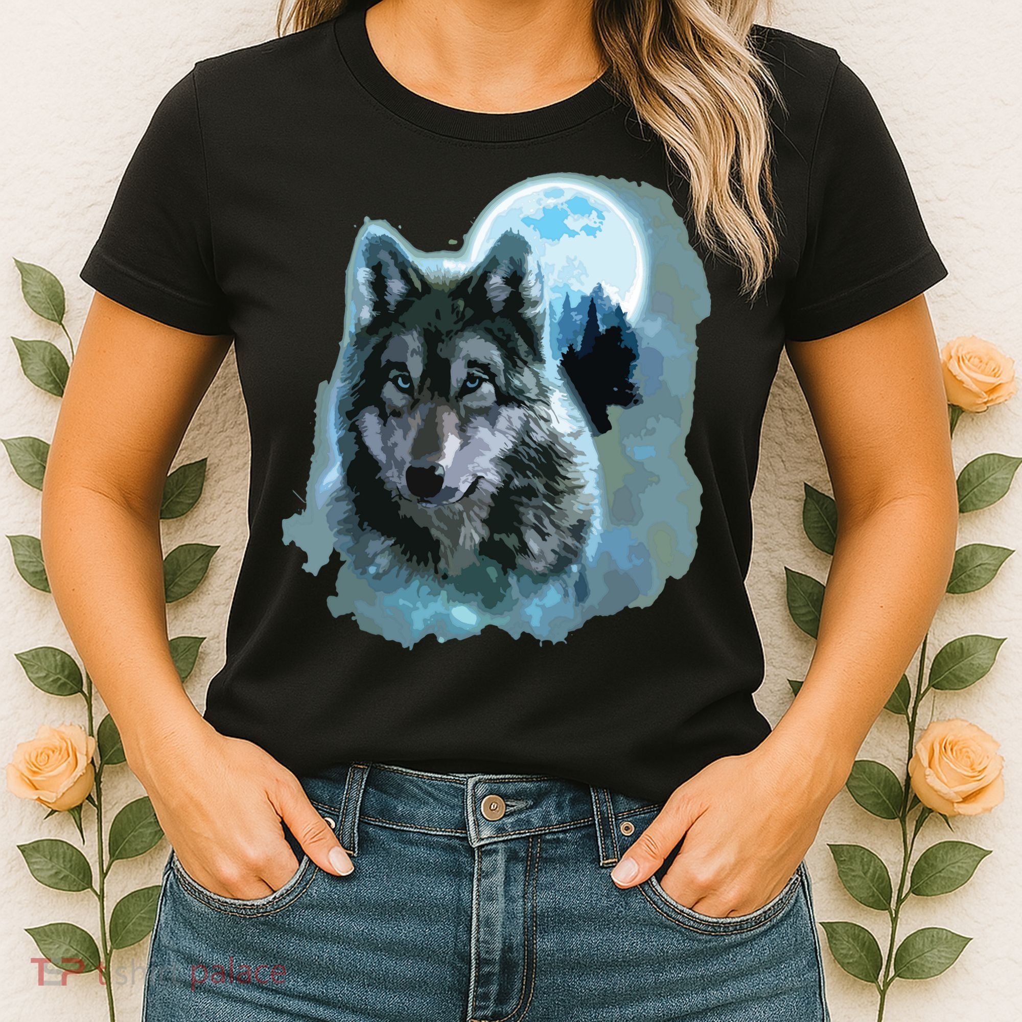Grey Wolf Hunting Ground, Icy Moon, Forest, Galaxy Women's T-Shirt