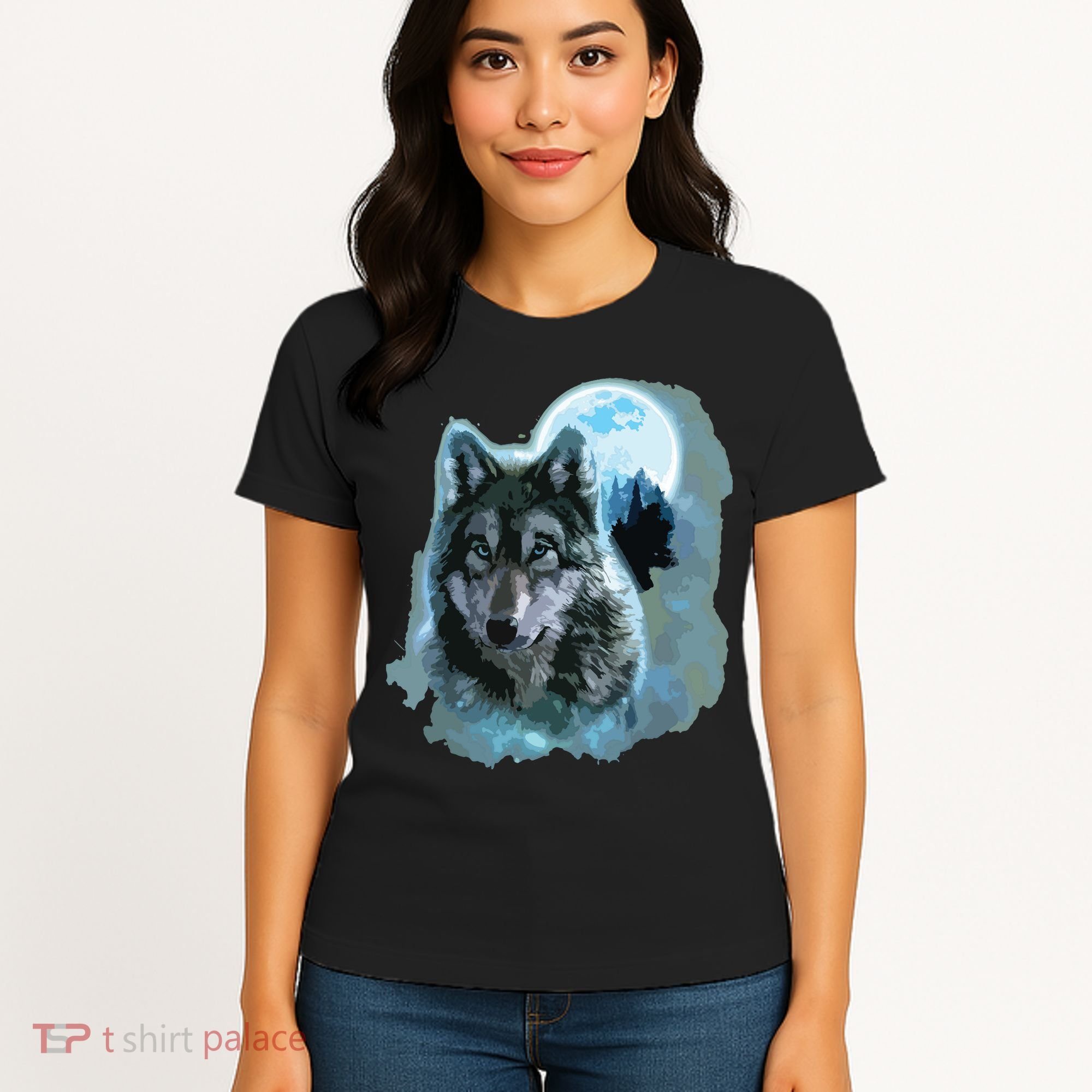 Grey Wolf Hunting Ground, Icy Moon, Forest, Galaxy Women's T-Shirt