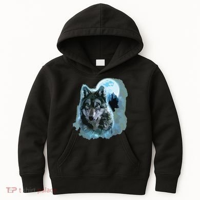 Grey Wolf Hunting Ground, Icy Moon, Forest, Galaxy Kids Hoodie