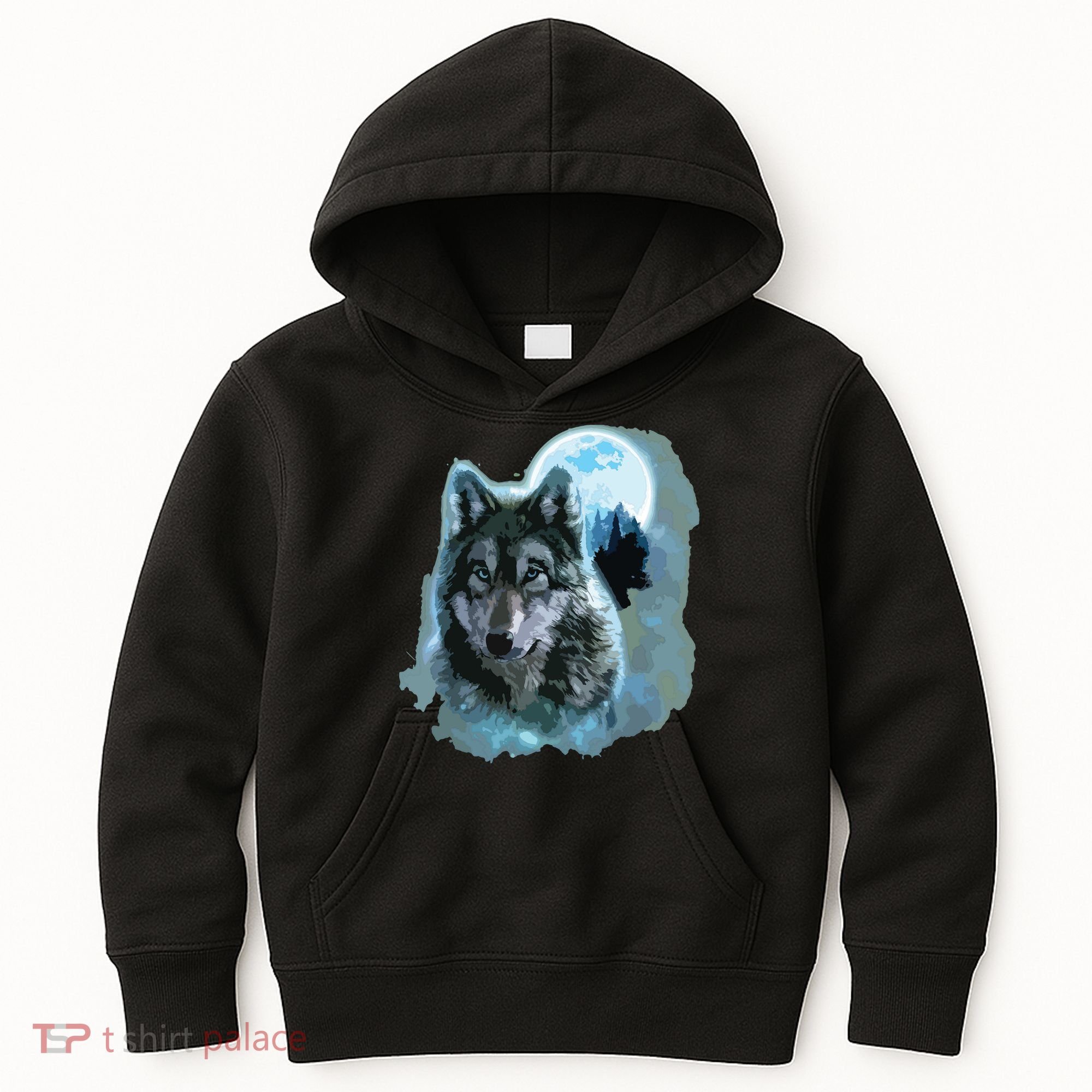 Grey Wolf Hunting Ground, Icy Moon, Forest, Galaxy Kids Hoodie