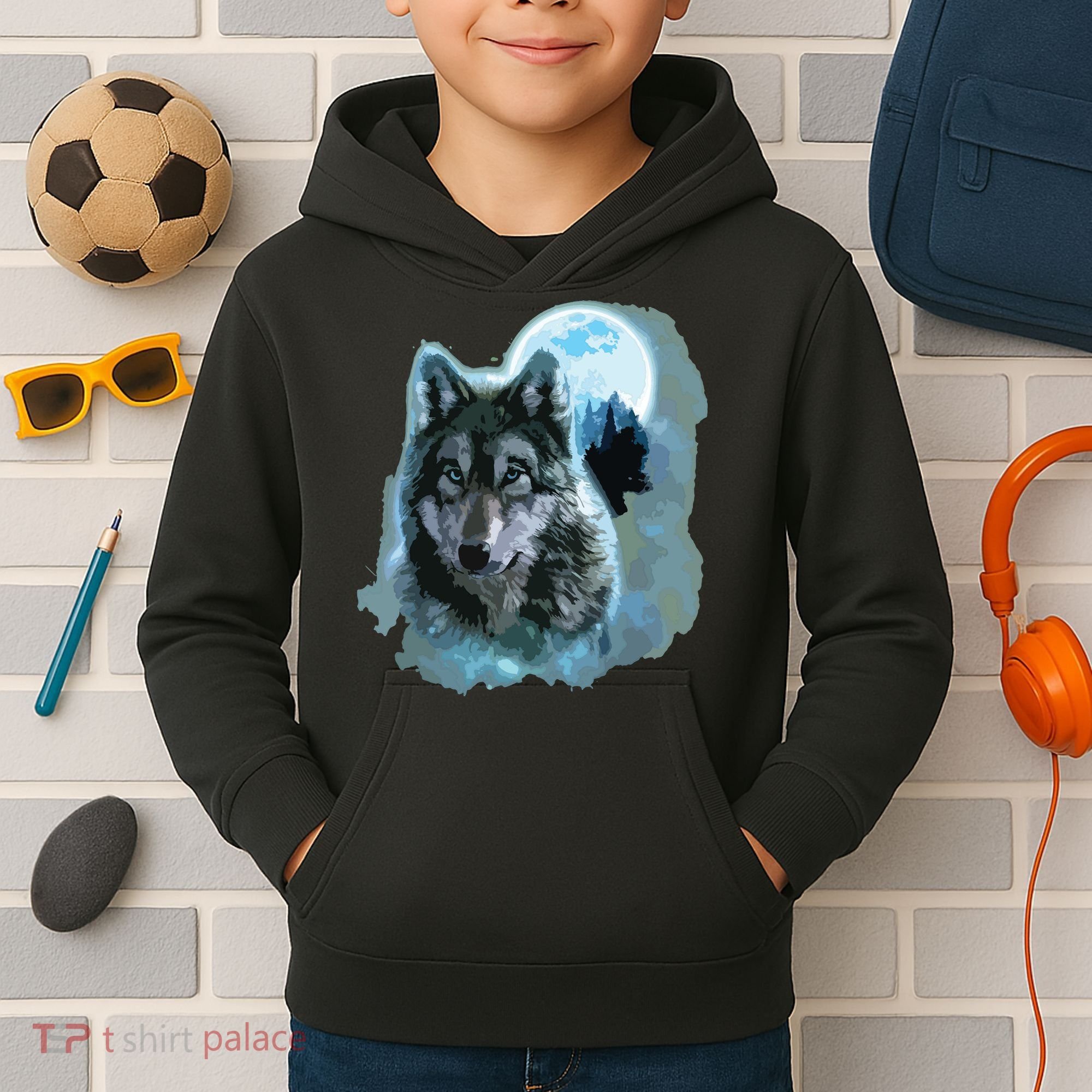 Grey Wolf Hunting Ground, Icy Moon, Forest, Galaxy Kids Hoodie