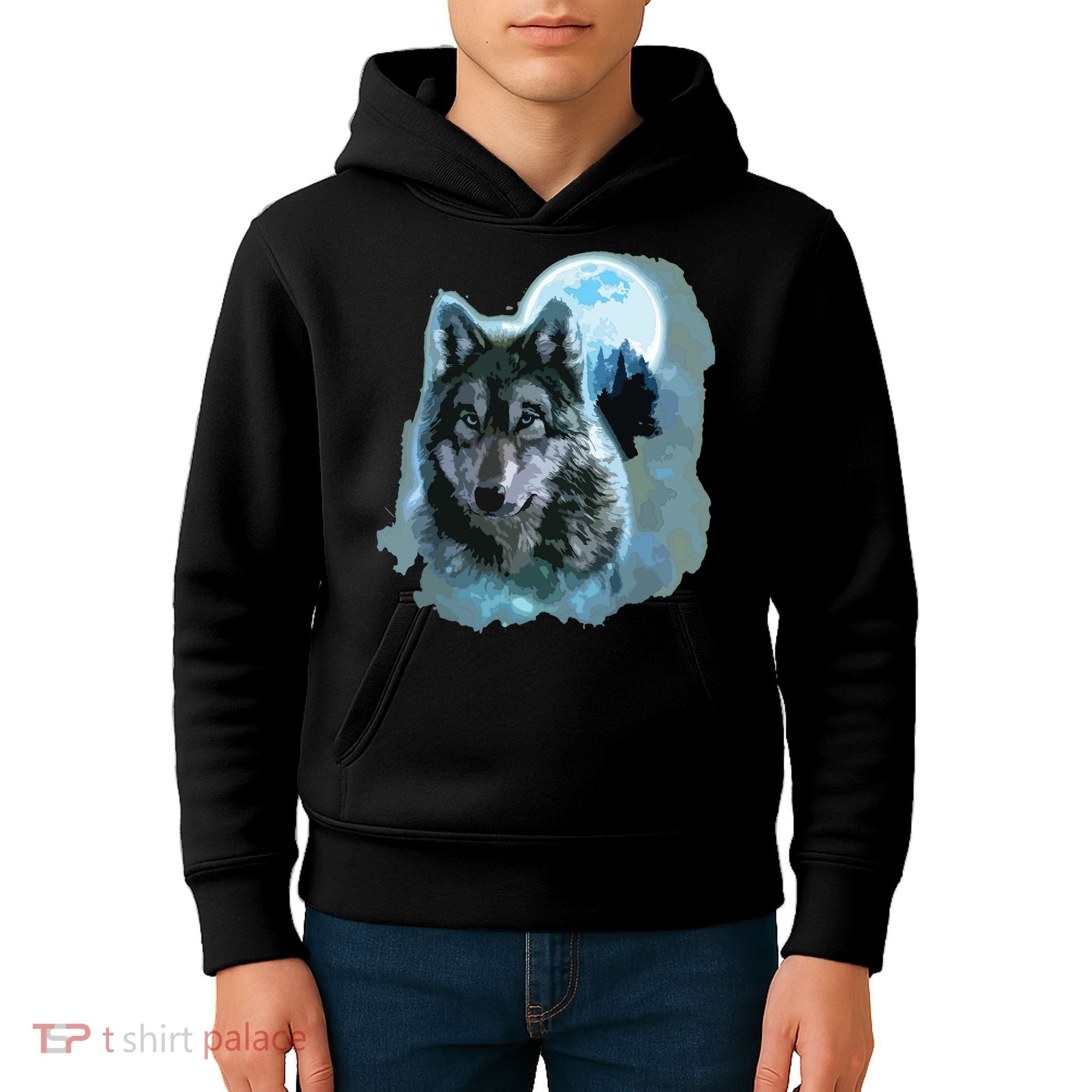 Grey Wolf Hunting Ground, Icy Moon, Forest, Galaxy Kids Hoodie