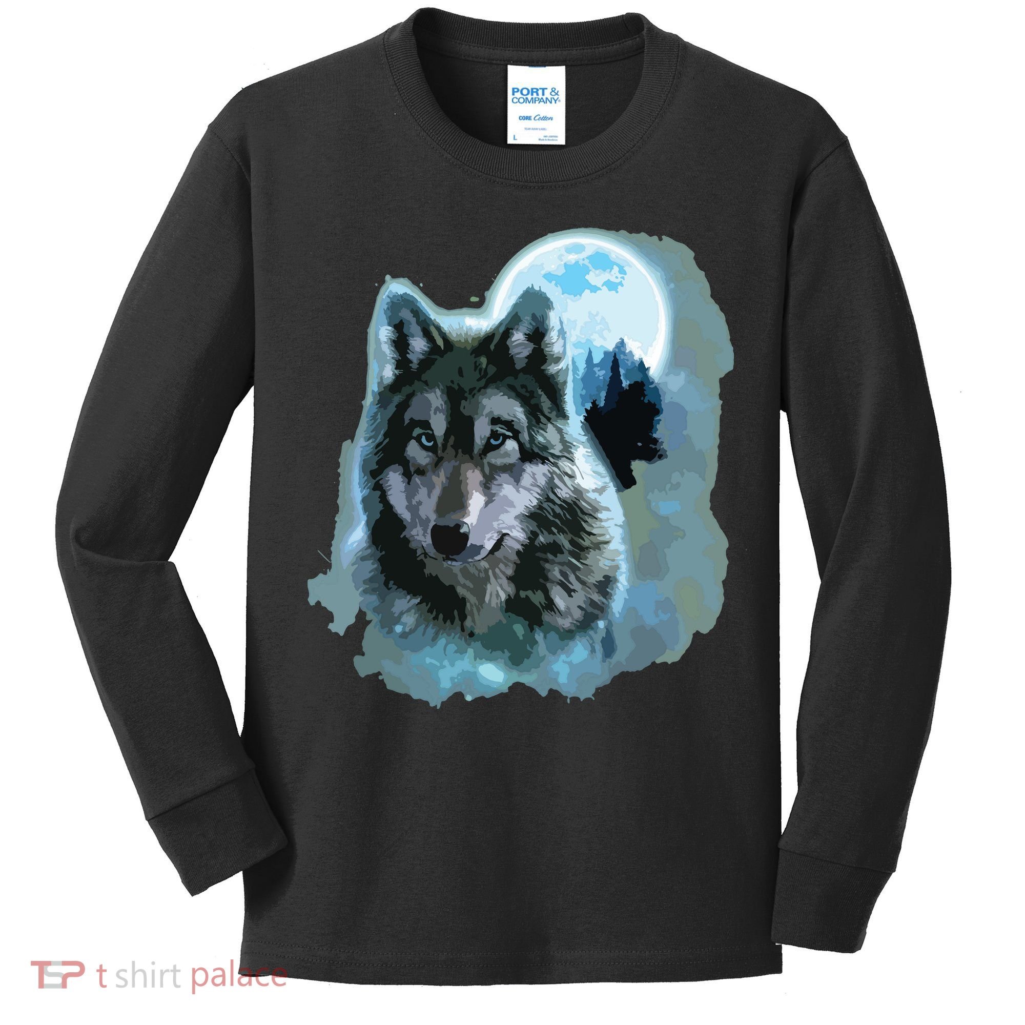 Grey Wolf Hunting Ground, Icy Moon, Forest, Galaxy Kids Long Sleeve Shirt