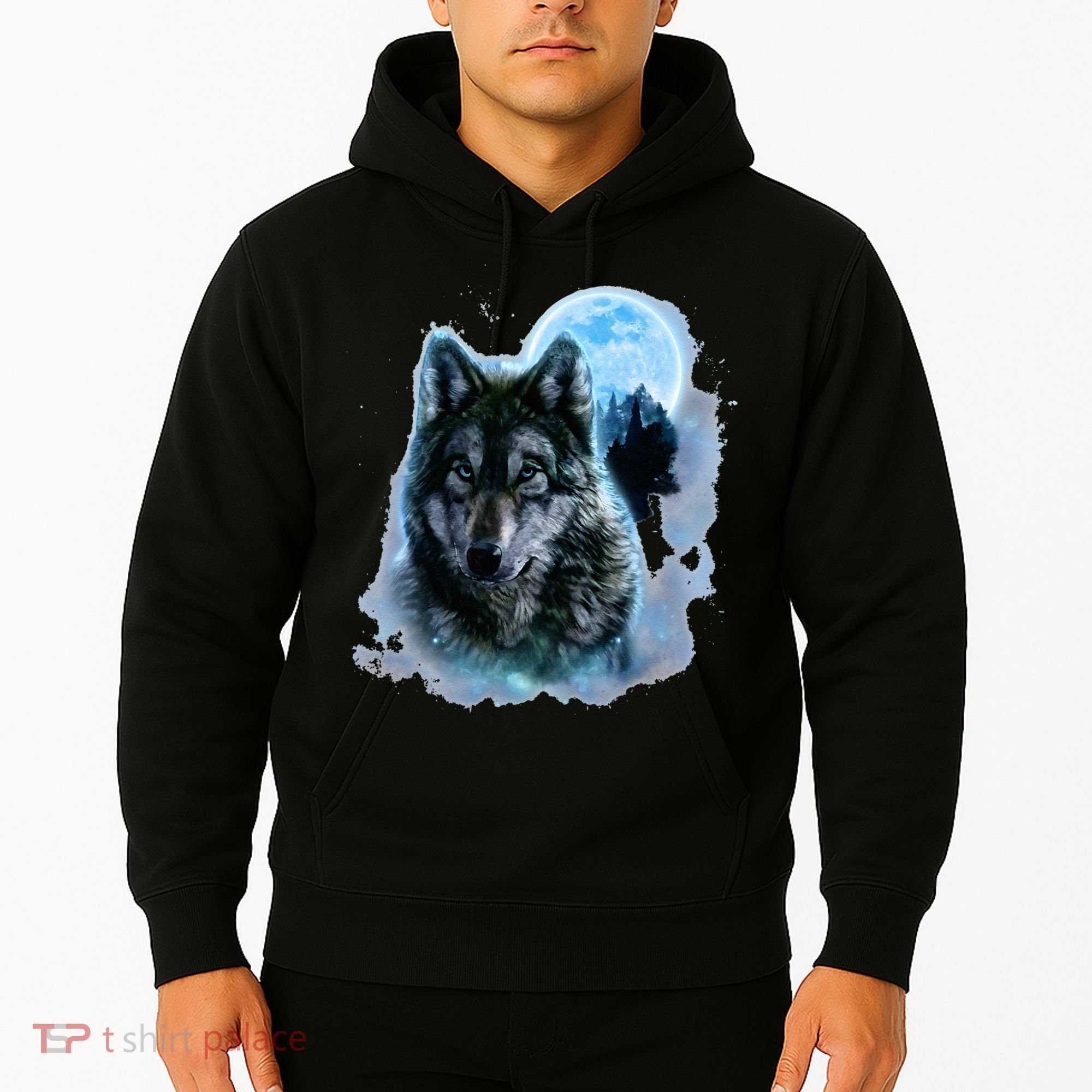 Grey Wolf Hunting Ground Icy Moon Forest Galaxy Hoodie