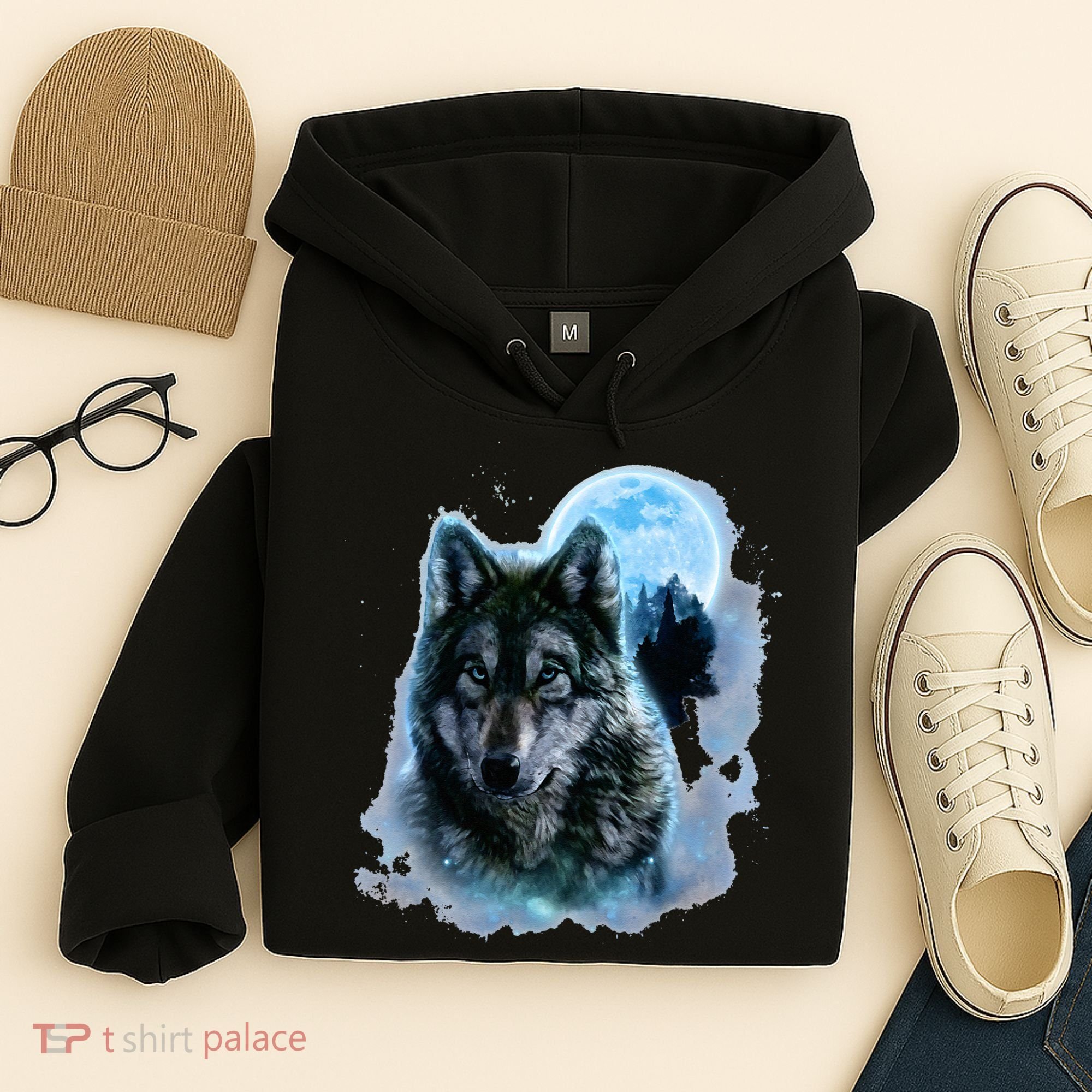 Grey Wolf Hunting Ground Icy Moon Forest Galaxy Hoodie