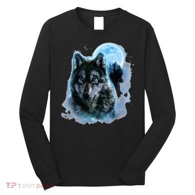 Grey Wolf Hunting Ground Icy Moon Forest Galaxy Long Sleeve Shirt
