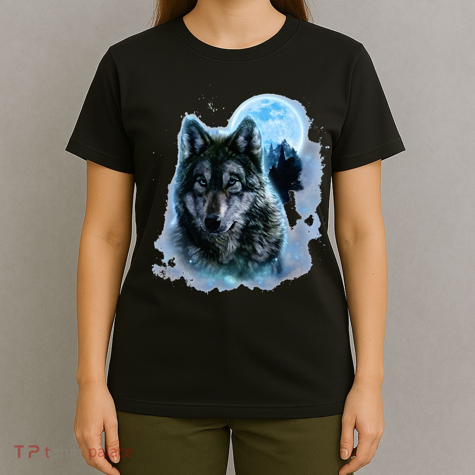 Grey Wolf Hunting Ground Icy Moon Forest Galaxy T-Shirt
