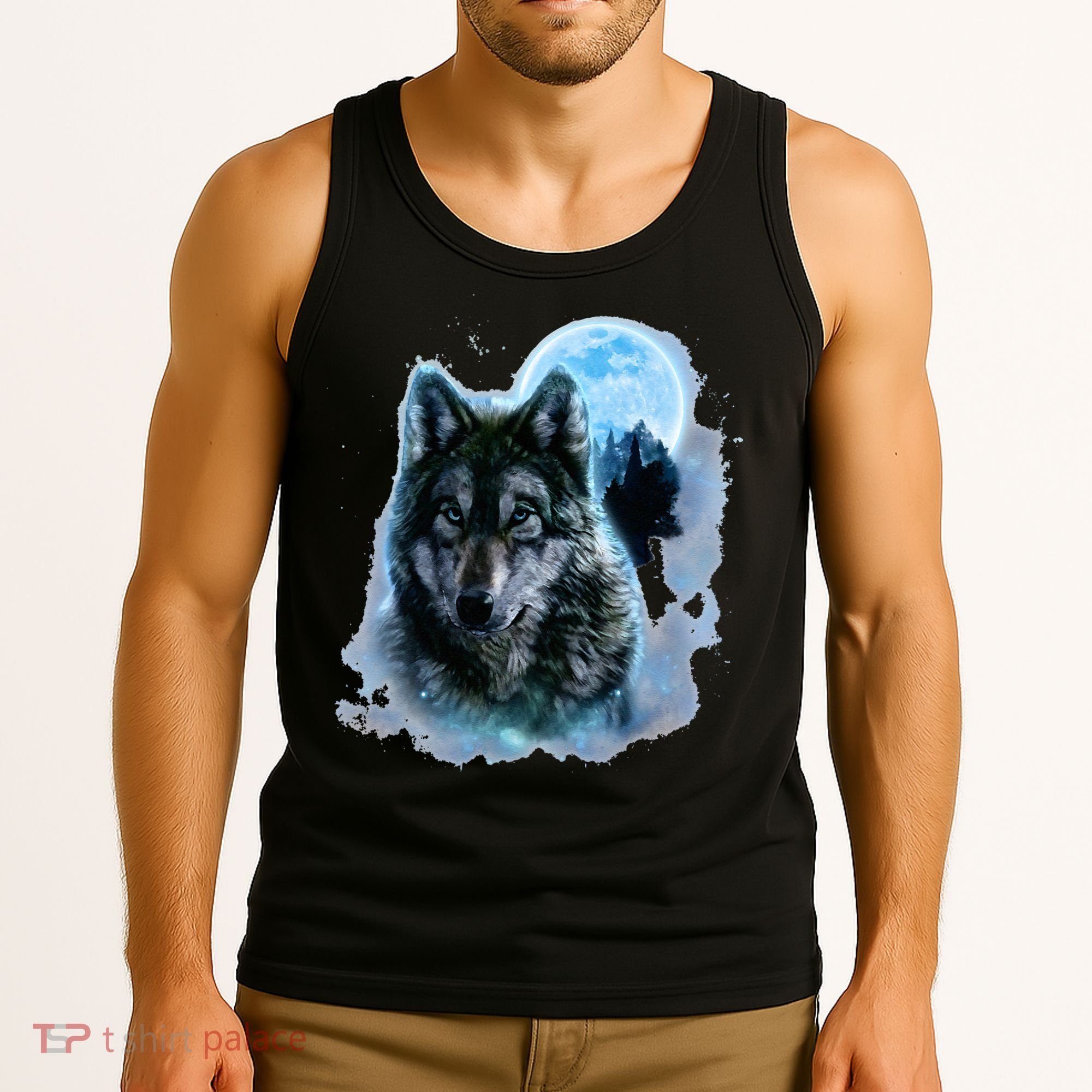 Grey Wolf Hunting Ground Icy Moon Forest Galaxy Tank Top