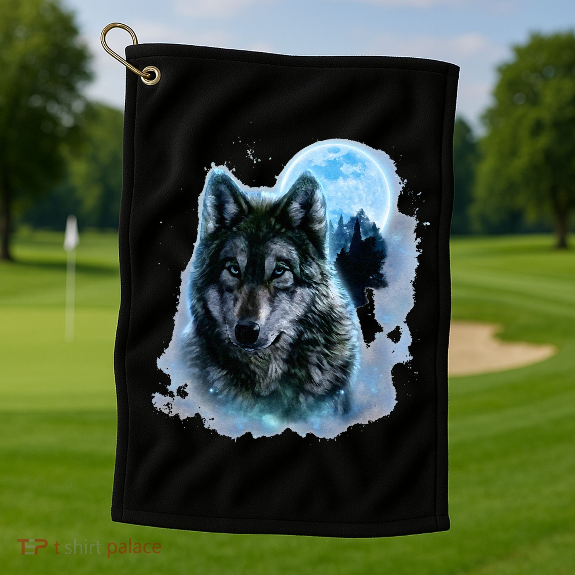 Grey Wolf Hunting Ground Icy Moon Forest Galaxy Golf Towel