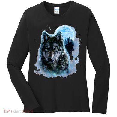Grey Wolf Hunting Ground Icy Moon Forest Galaxy Women's Long Sleeve Shirt