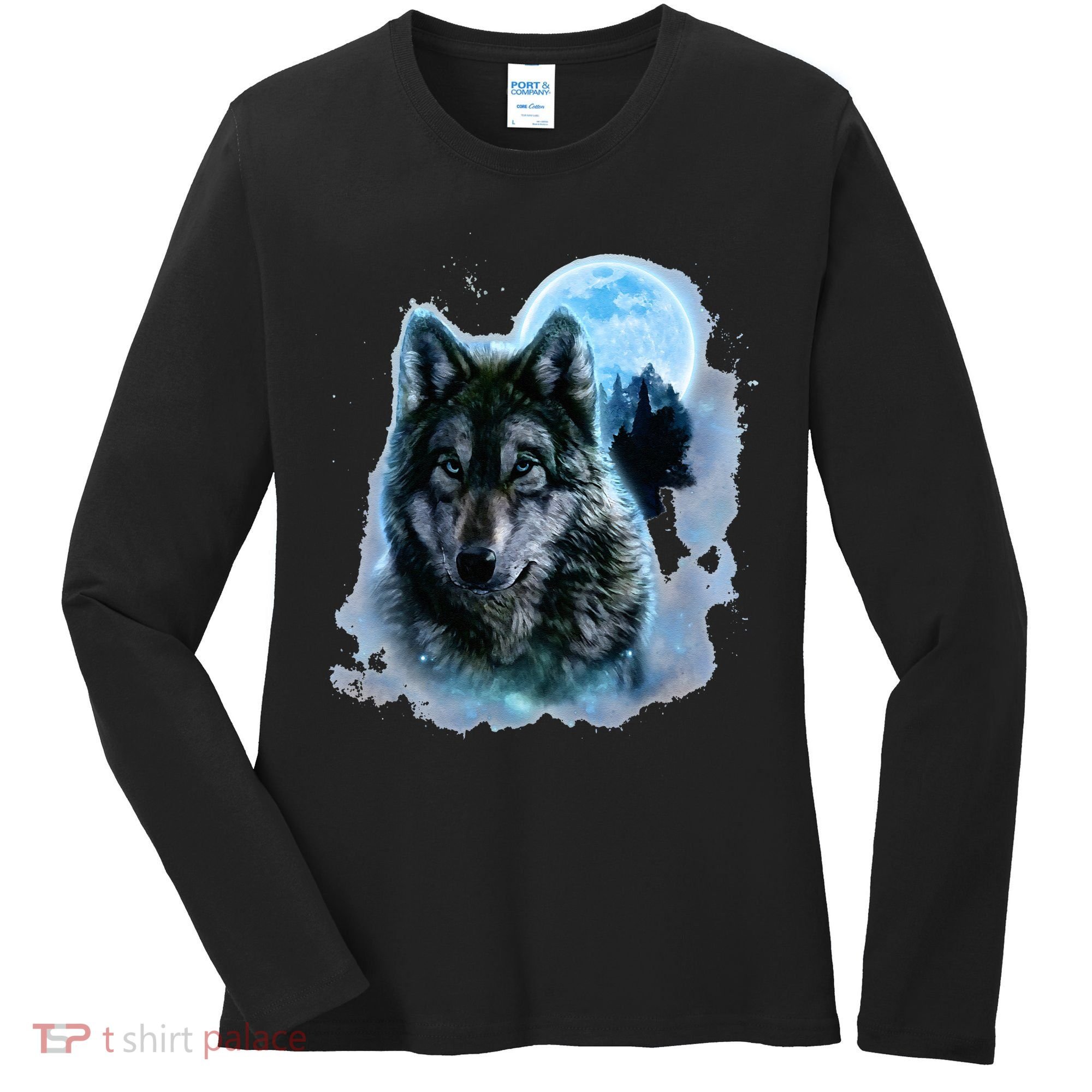 Grey Wolf Hunting Ground Icy Moon Forest Galaxy Women's Long Sleeve Shirt