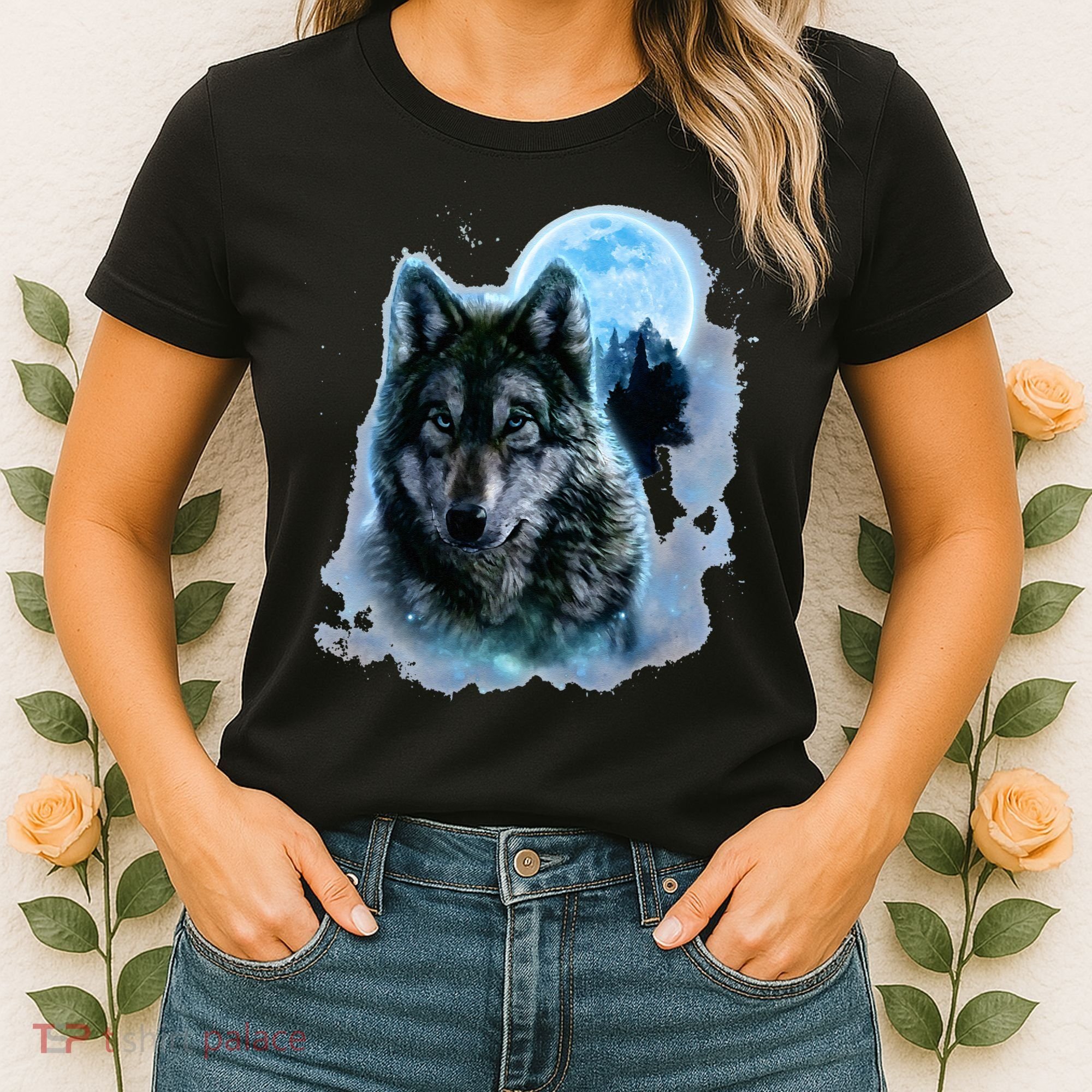 Grey Wolf Hunting Ground Icy Moon Forest Galaxy Women's T-Shirt