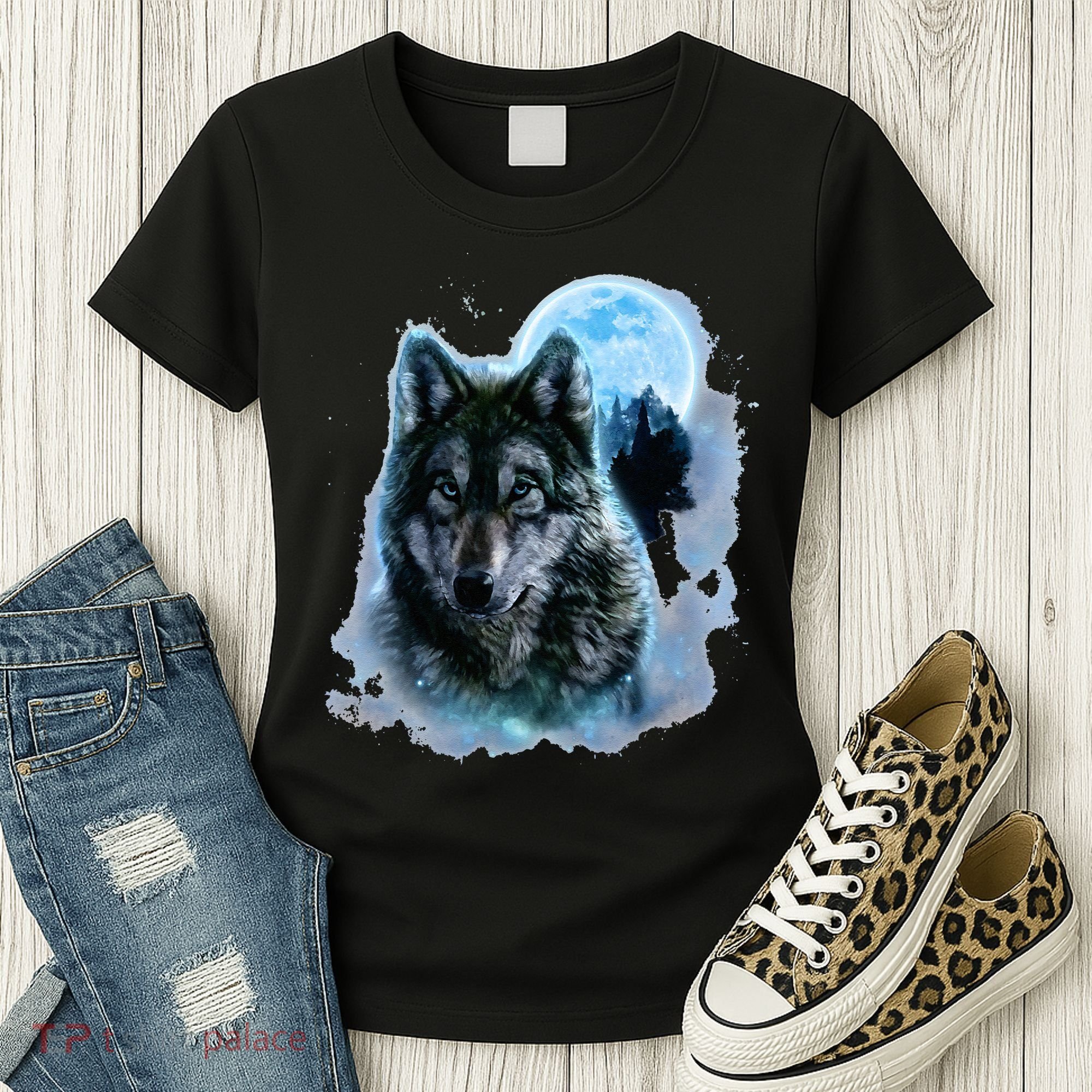 Grey Wolf Hunting Ground Icy Moon Forest Galaxy Women's T-Shirt