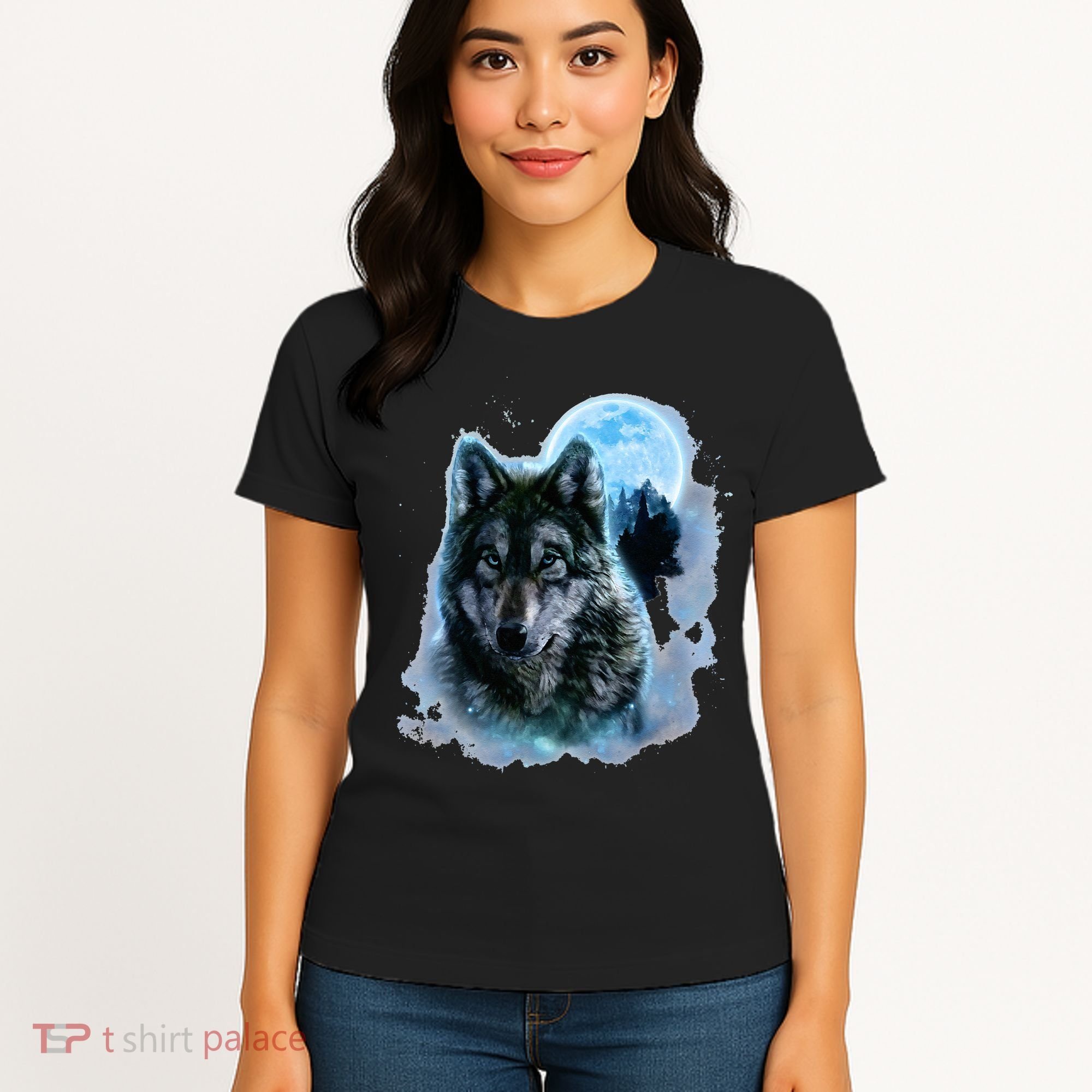 Grey Wolf Hunting Ground Icy Moon Forest Galaxy Women's T-Shirt
