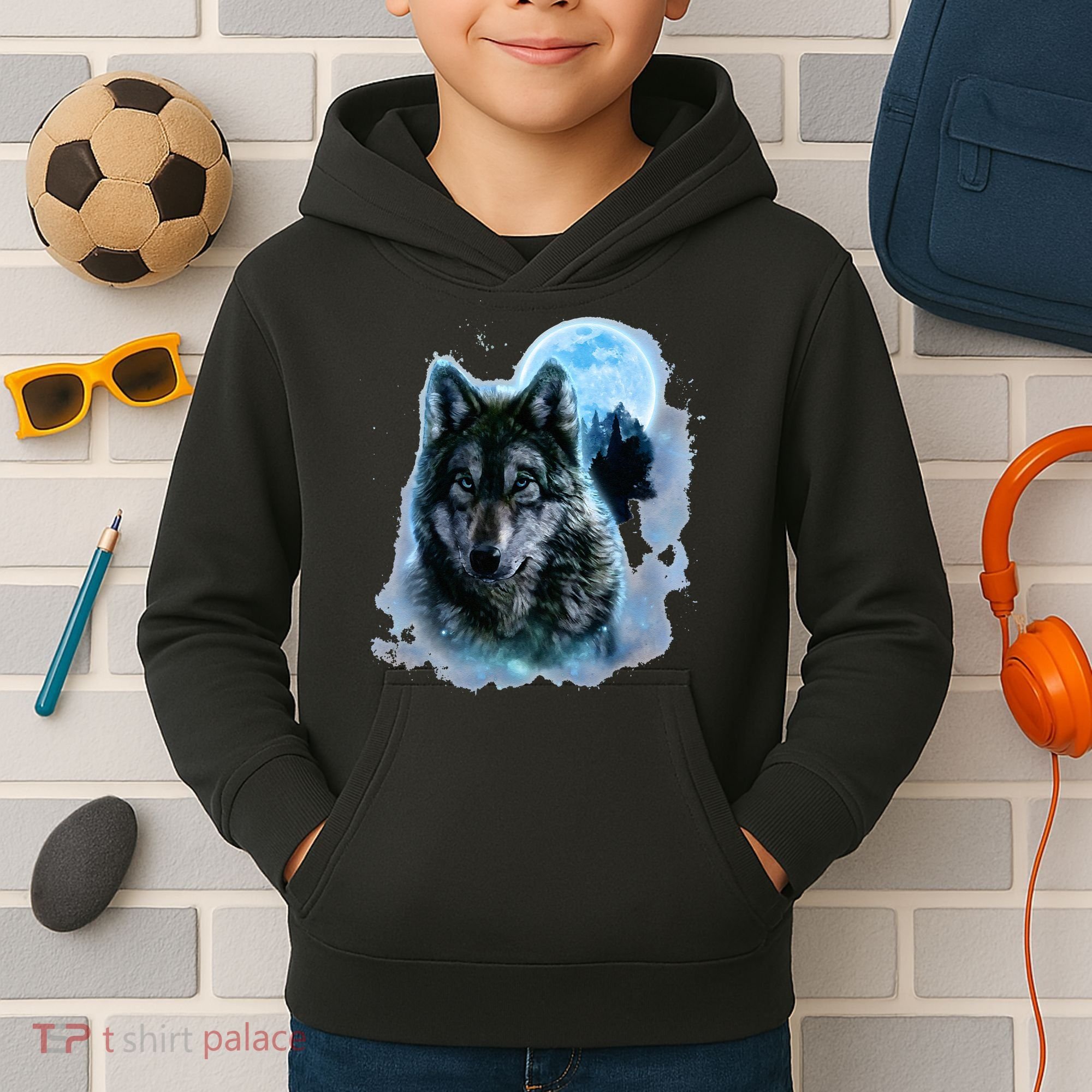 Grey Wolf Hunting Ground Icy Moon Forest Galaxy Kids Hoodie