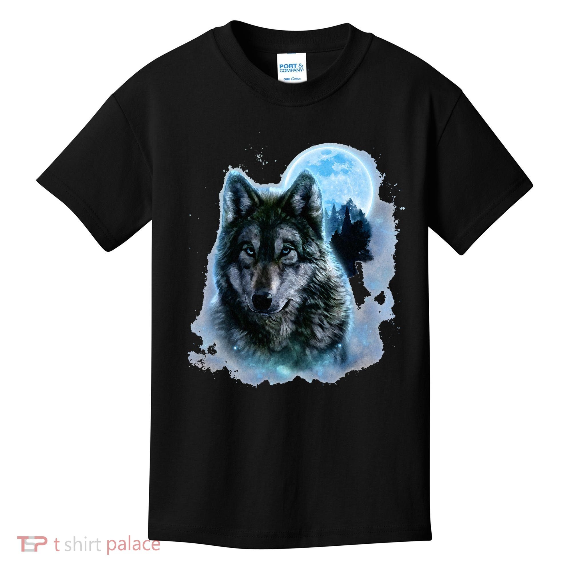 Grey Wolf Hunting Ground Icy Moon Forest Galaxy Kids T-Shirt