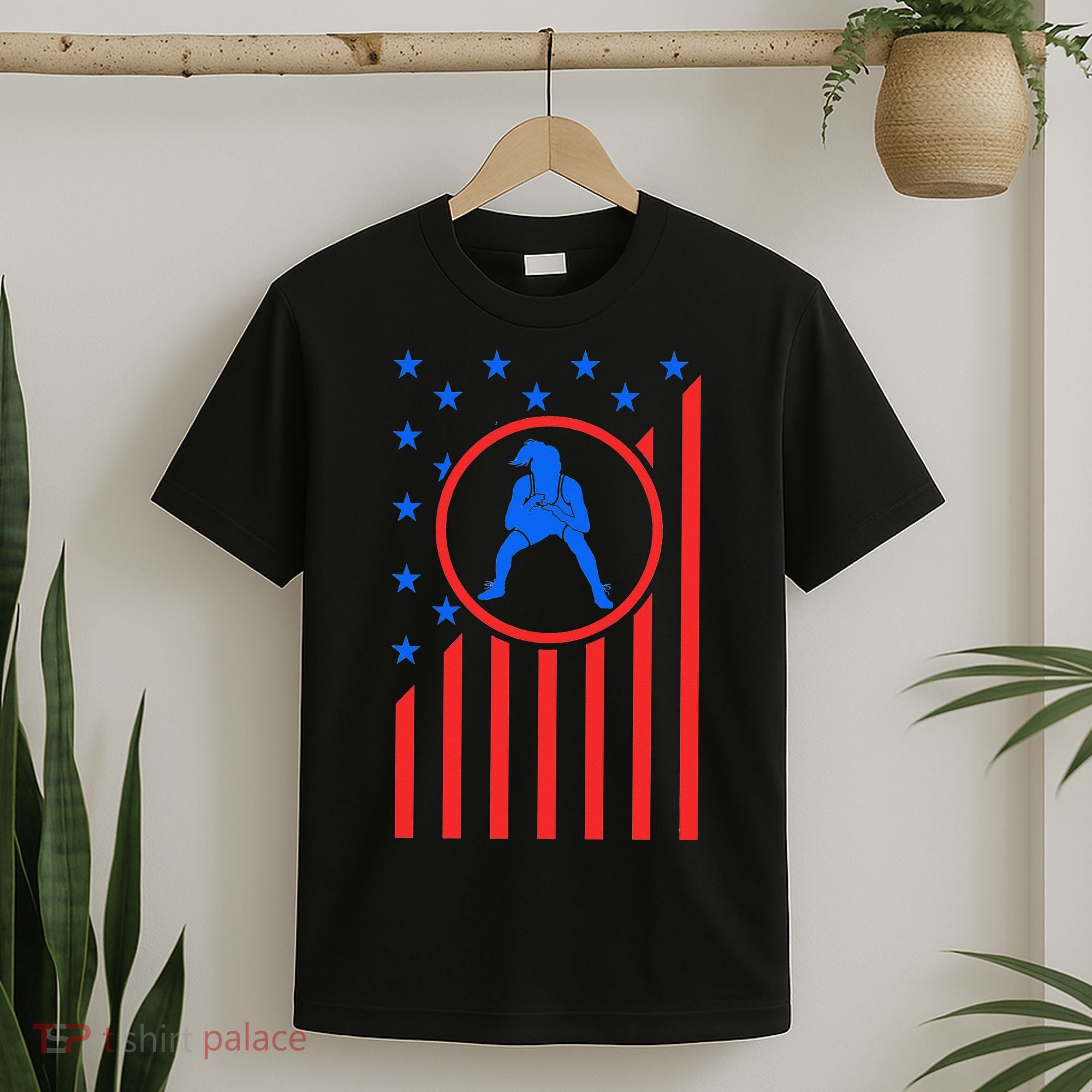 Girls Wrestling Mom  Wrestler Female Wrestle USA Flag  T-Shirt