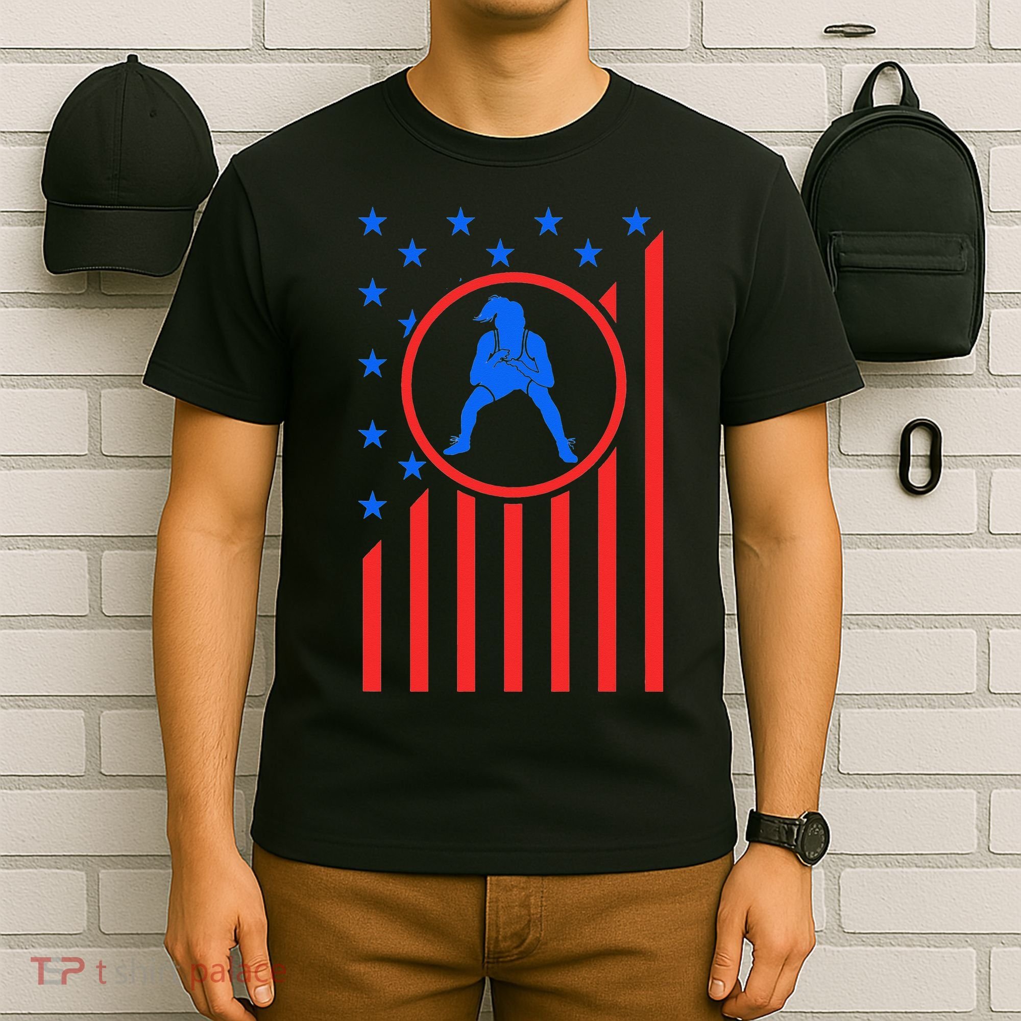 Girls Wrestling Mom  Wrestler Female Wrestle USA Flag  T-Shirt