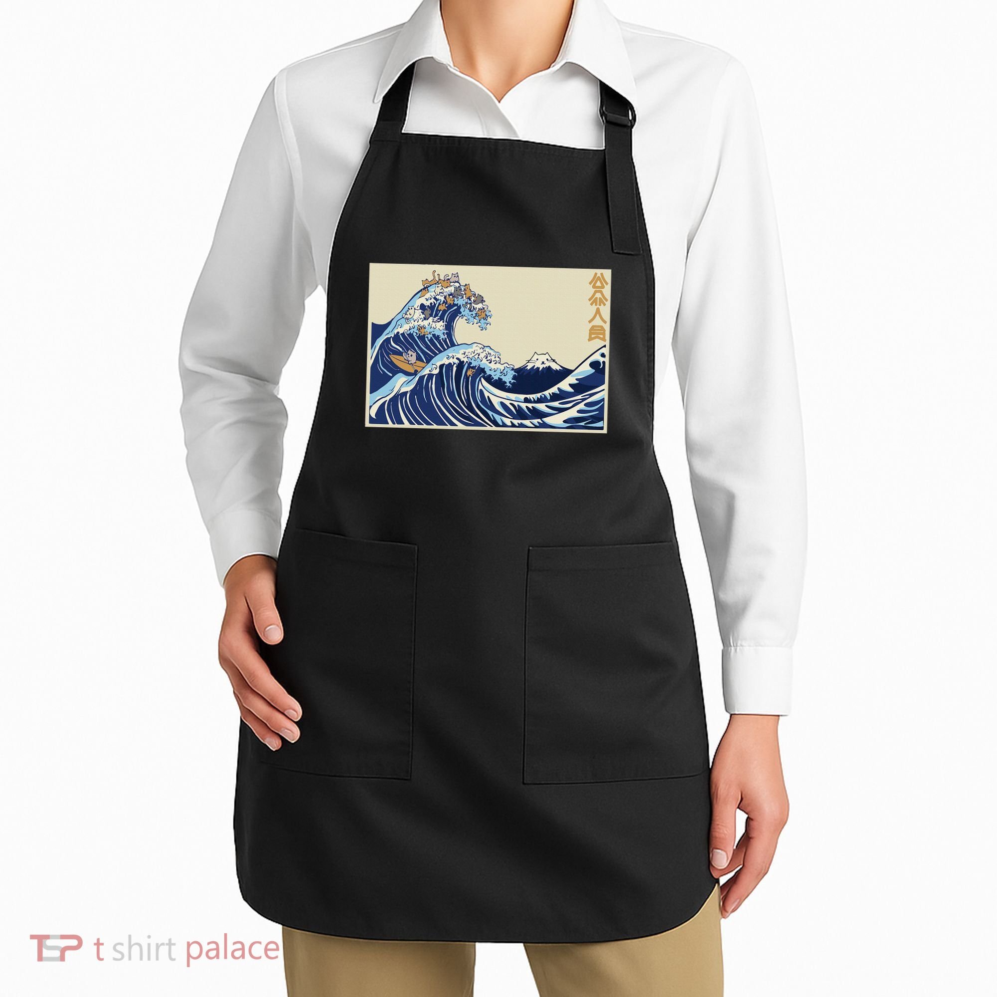 Great Wave Off Kanagawa With Cats Aesthetic Kanji Apron