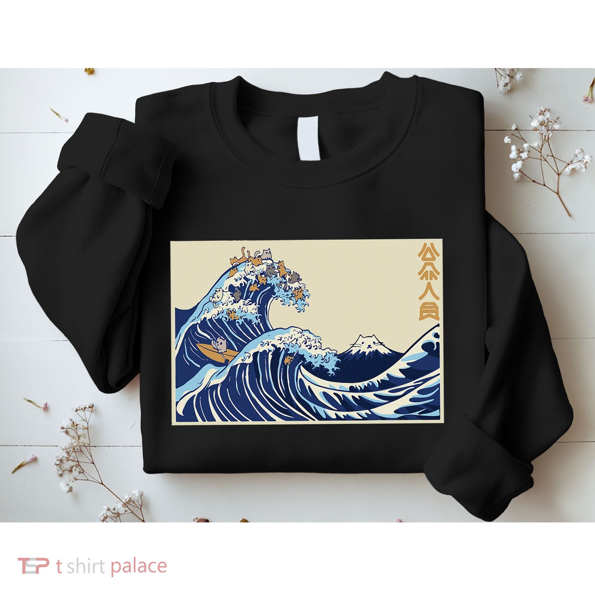 Great Wave Off Kanagawa With Cats Aesthetic Kanji Sweatshirt