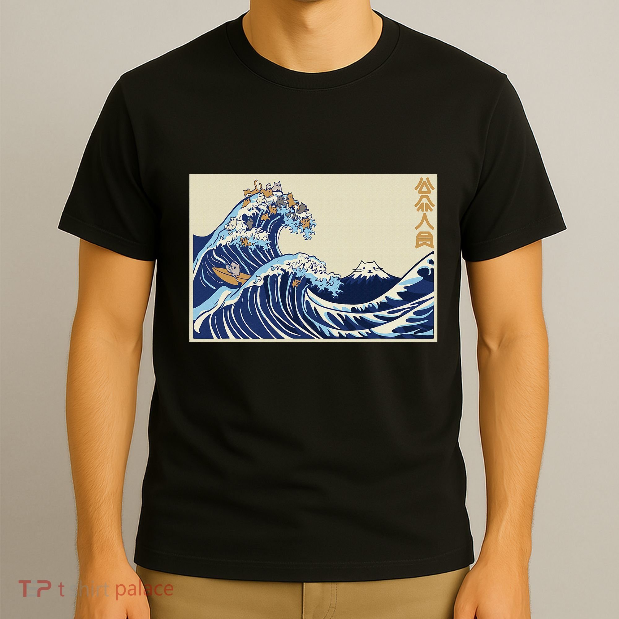 Great Wave Off Kanagawa With Cats Aesthetic Kanji T-Shirt