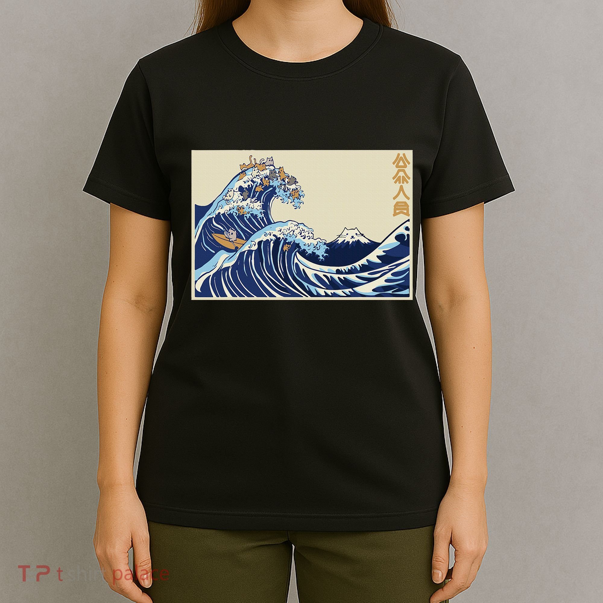 Great Wave Off Kanagawa With Cats Aesthetic Kanji T-Shirt