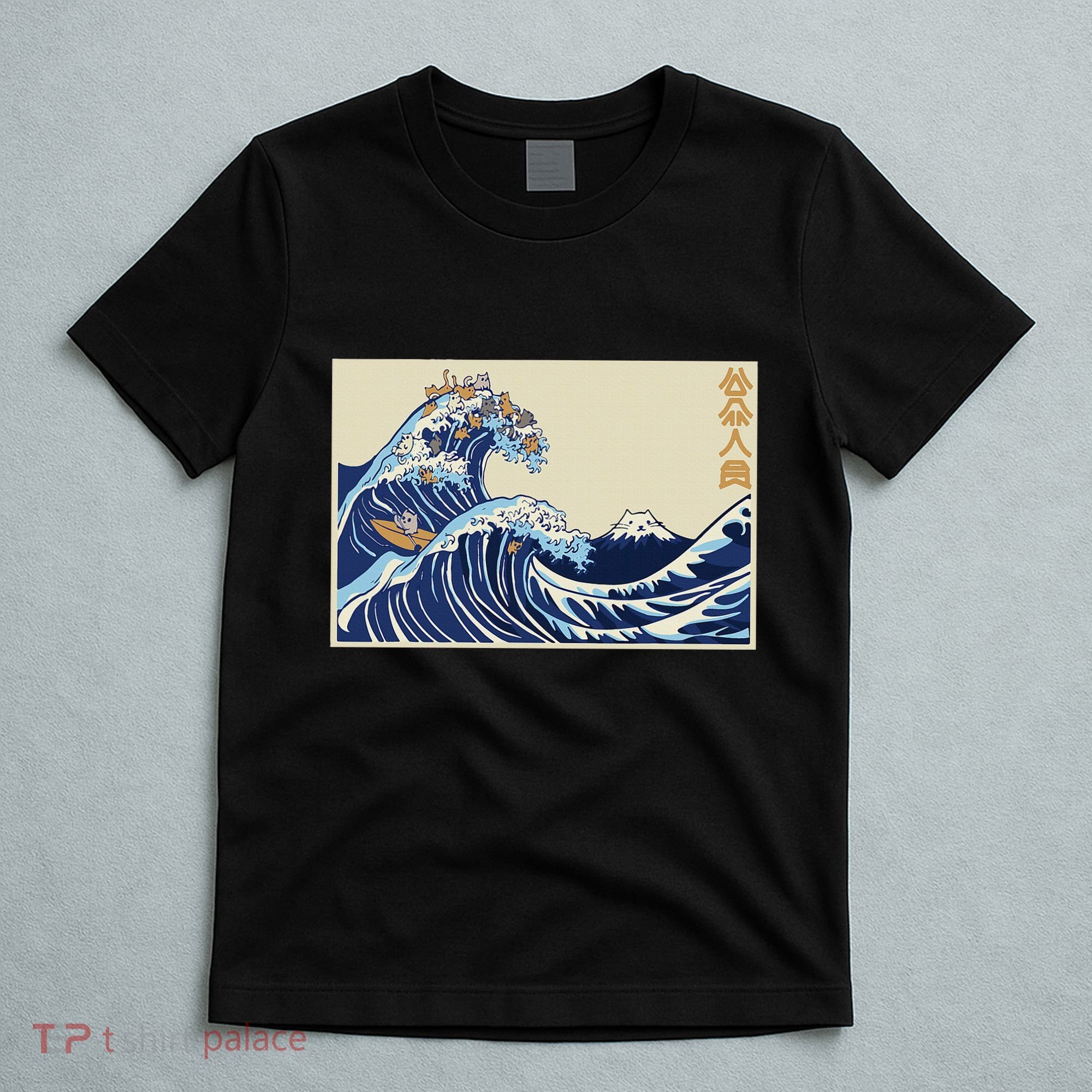 Great Wave Off Kanagawa With Cats Aesthetic Kanji T-Shirt