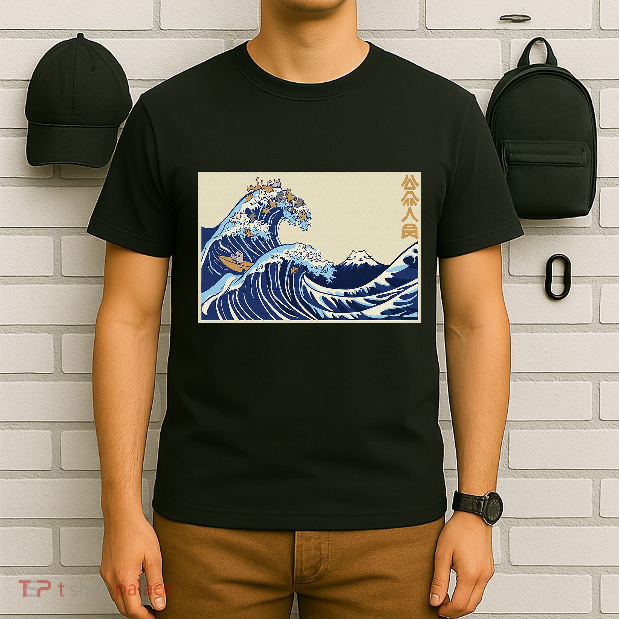 Great Wave Off Kanagawa With Cats Aesthetic Kanji T-Shirt