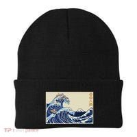 Great Wave Off Kanagawa With Cats Aesthetic Kanji Beanie thumb 0