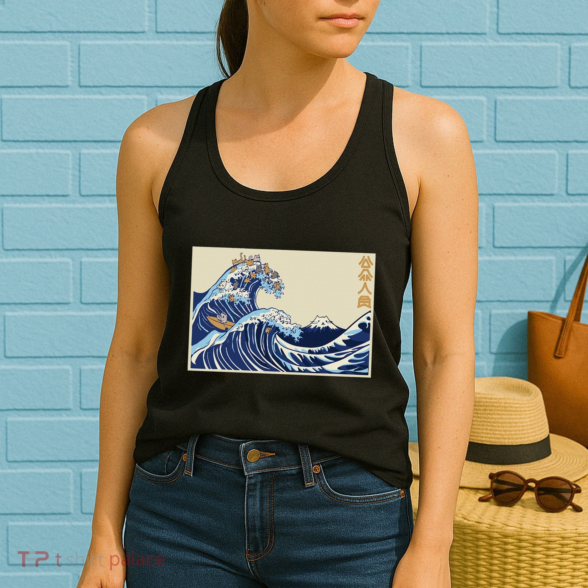 Great Wave Off Kanagawa With Cats Aesthetic Kanji Women's Tank Top
