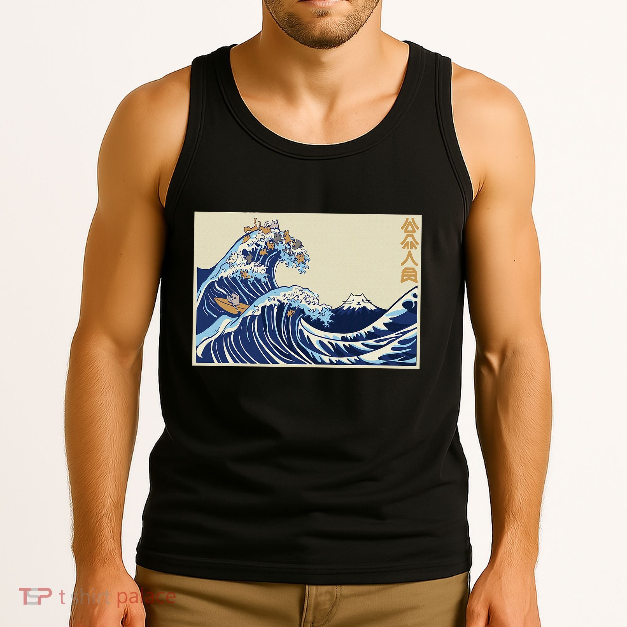 Great Wave Off Kanagawa With Cats Aesthetic Kanji Tank Top
