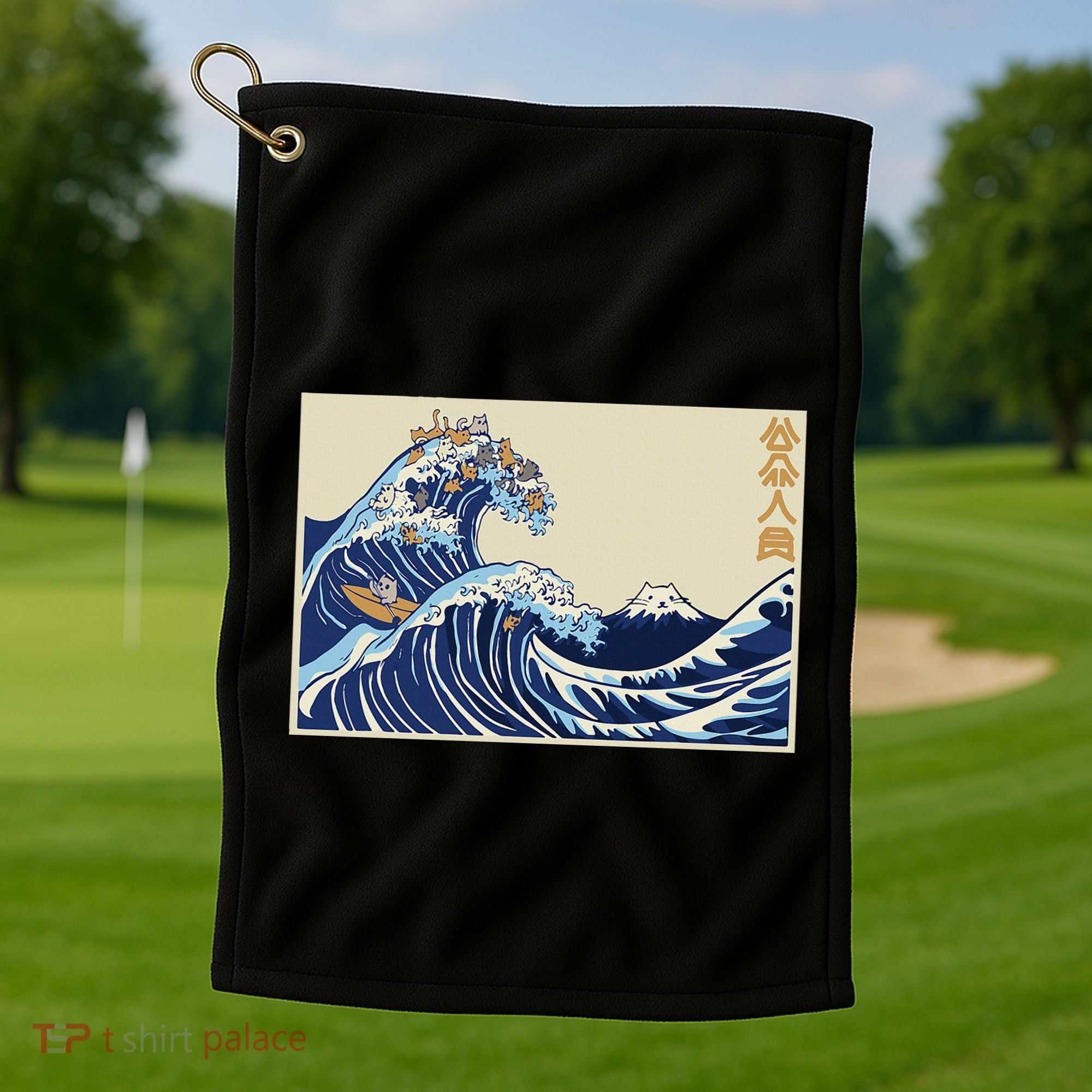 Great Wave Off Kanagawa With Cats Aesthetic Kanji Golf Towel