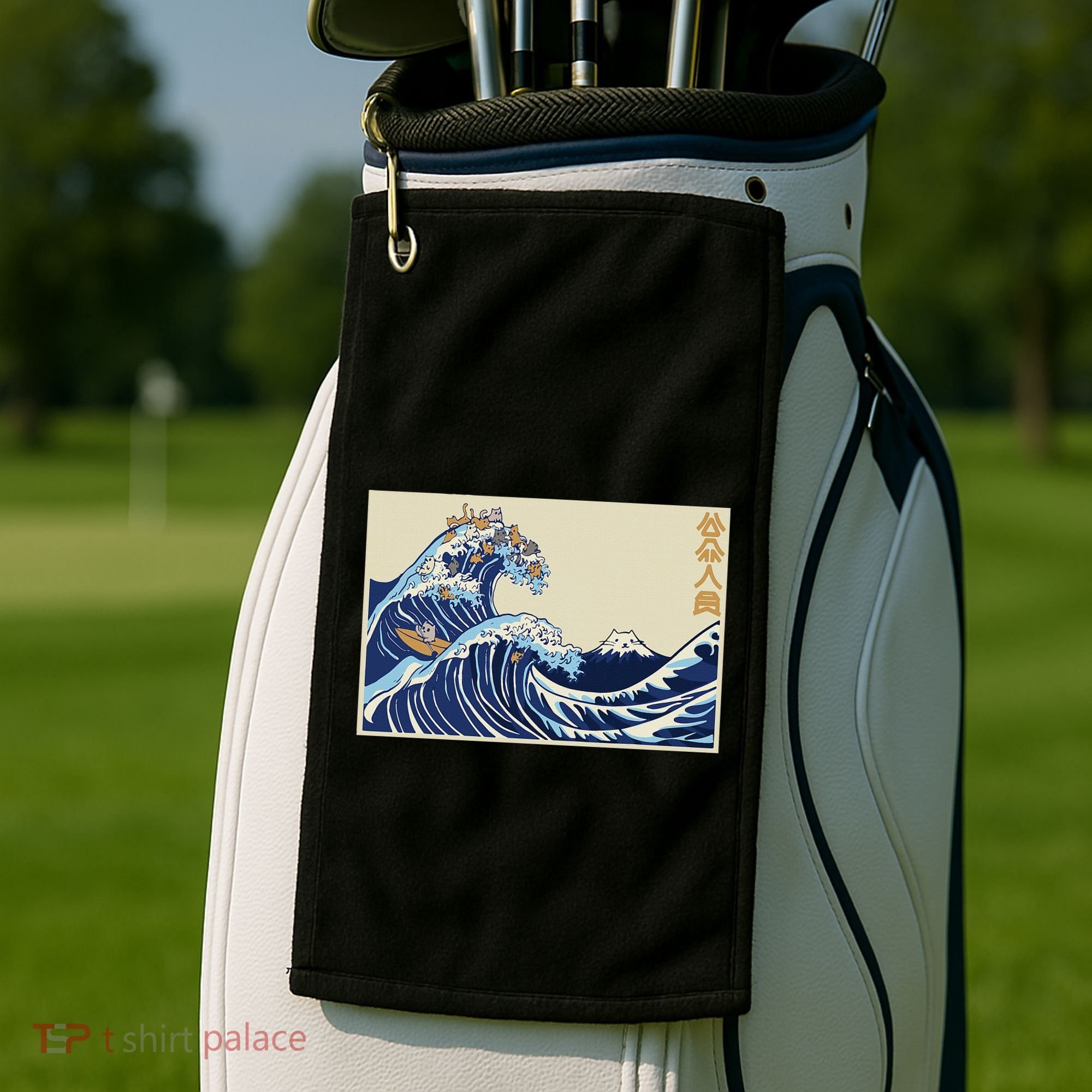 Great Wave Off Kanagawa With Cats Aesthetic Kanji Golf Towel
